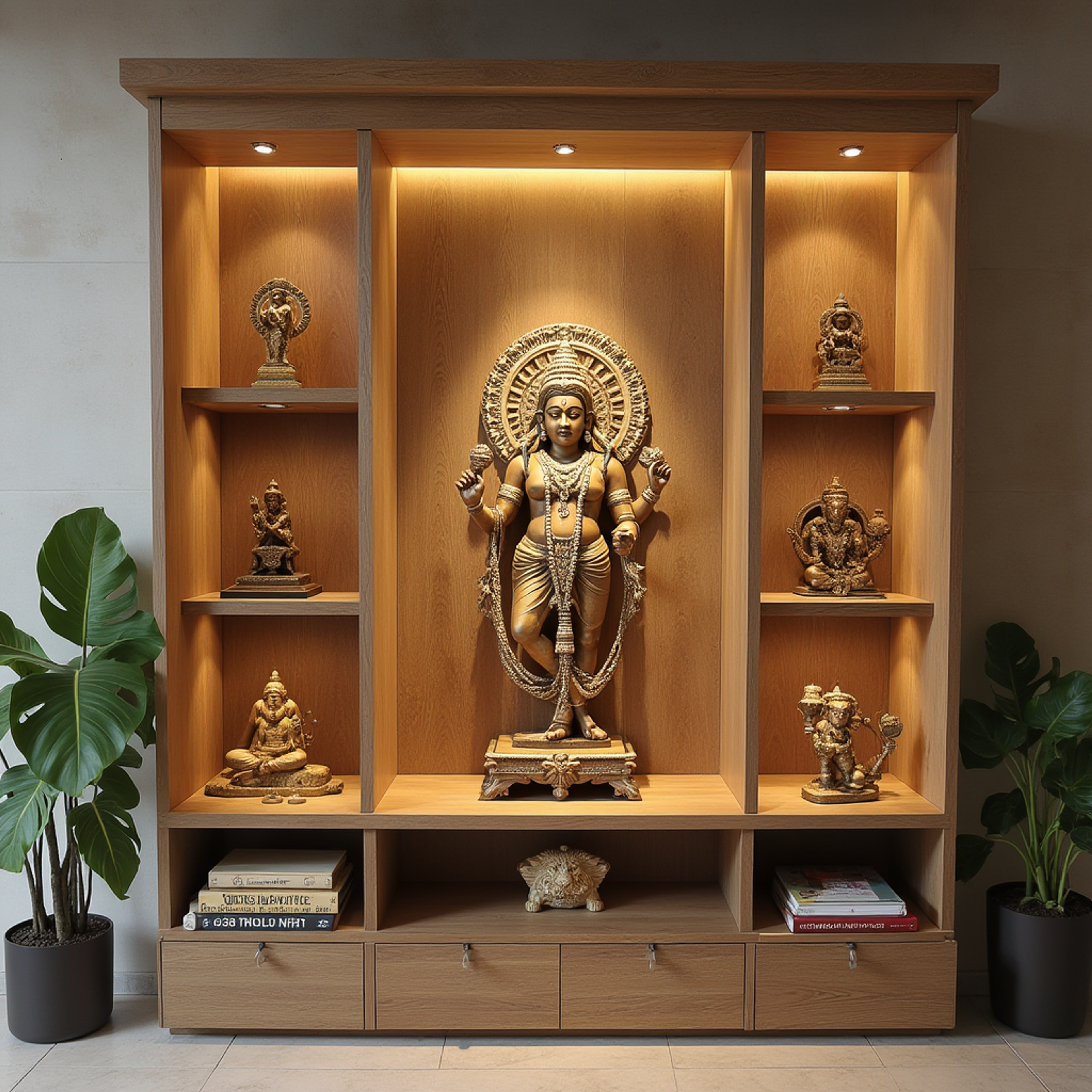 Traditional Floor-Mounted Pooja Unit Design in Wooden Finish