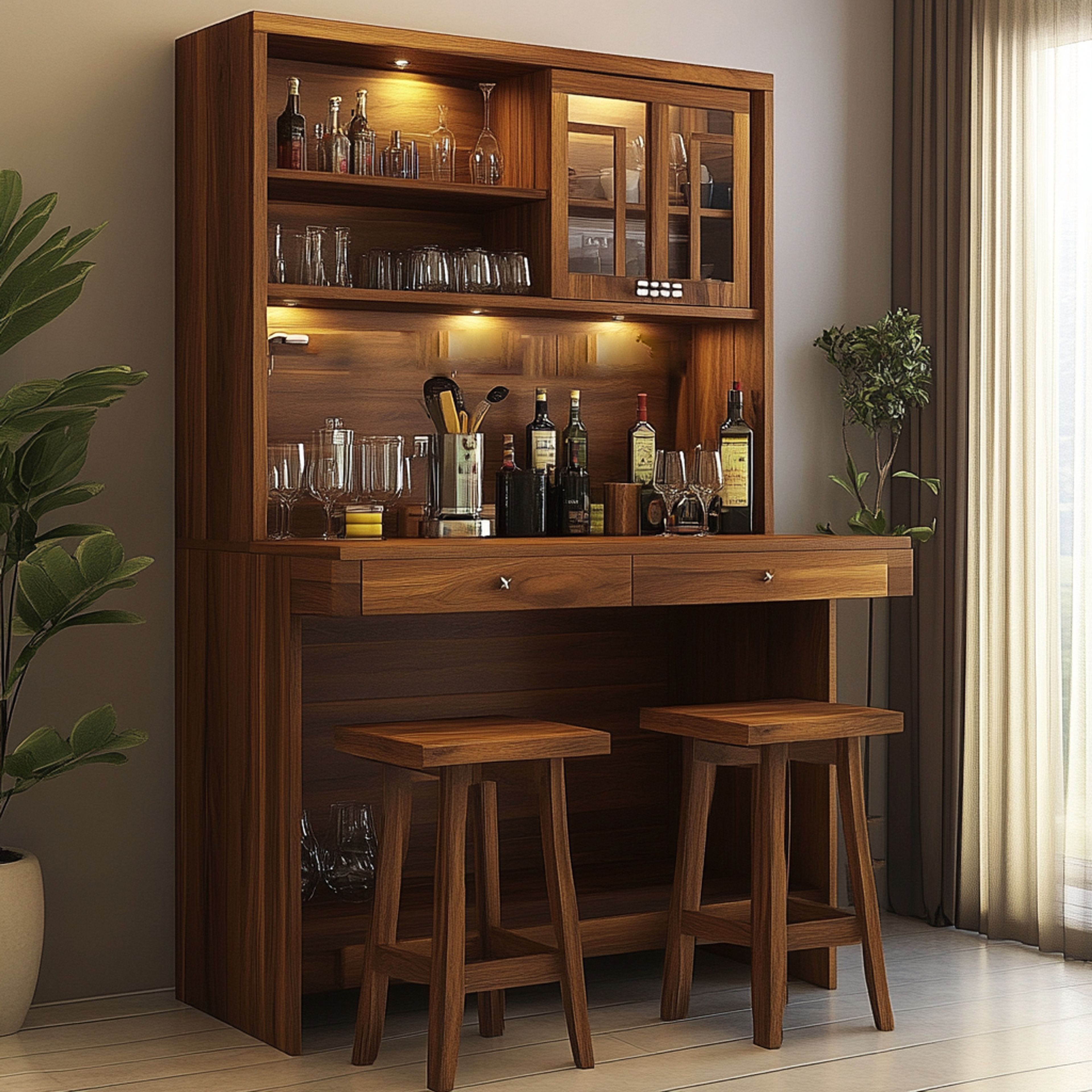 Modern Sandy Fossil Home Bar Design with Barstool Seating