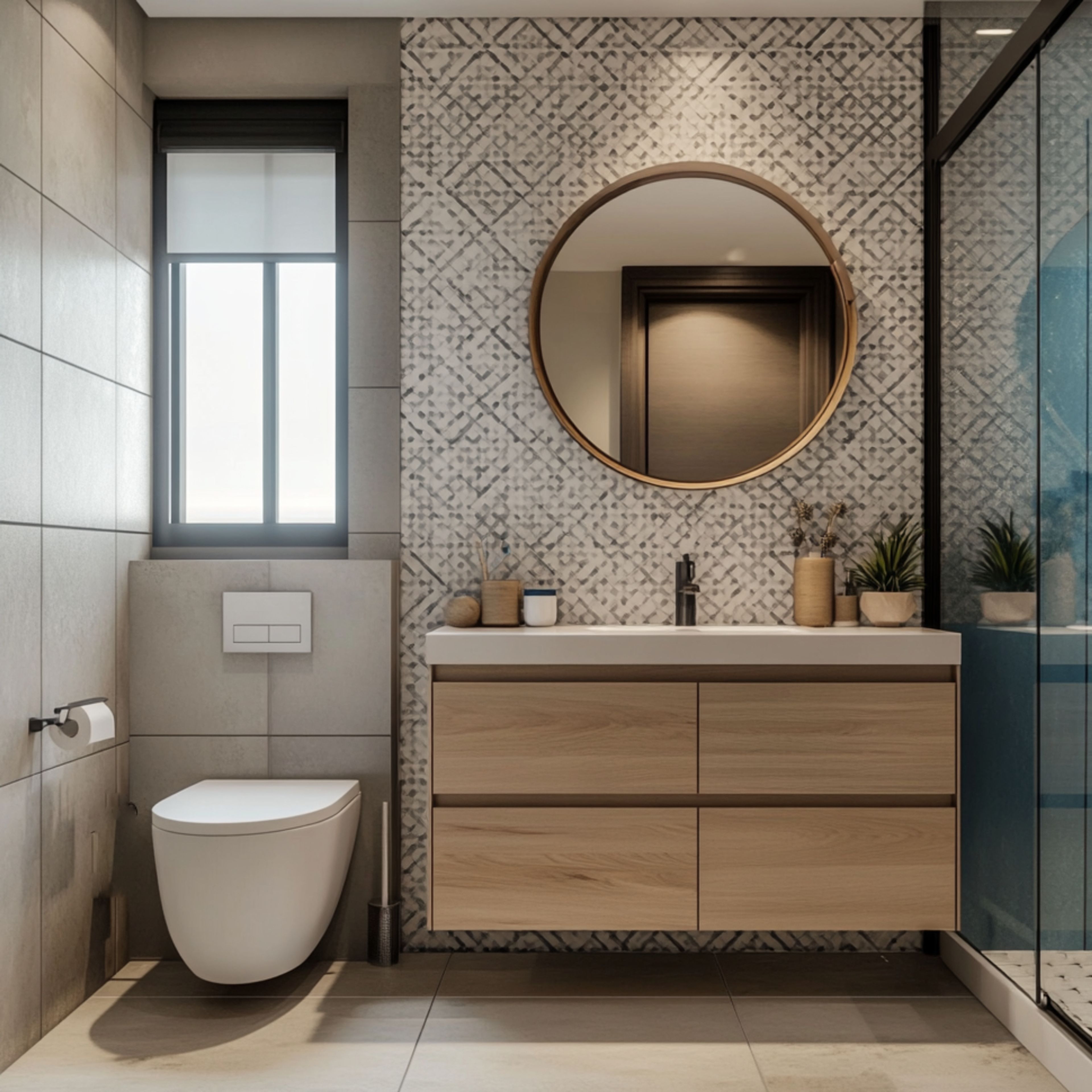 Modern Bathroom Design with Glass Shower Partition and Round Mirror