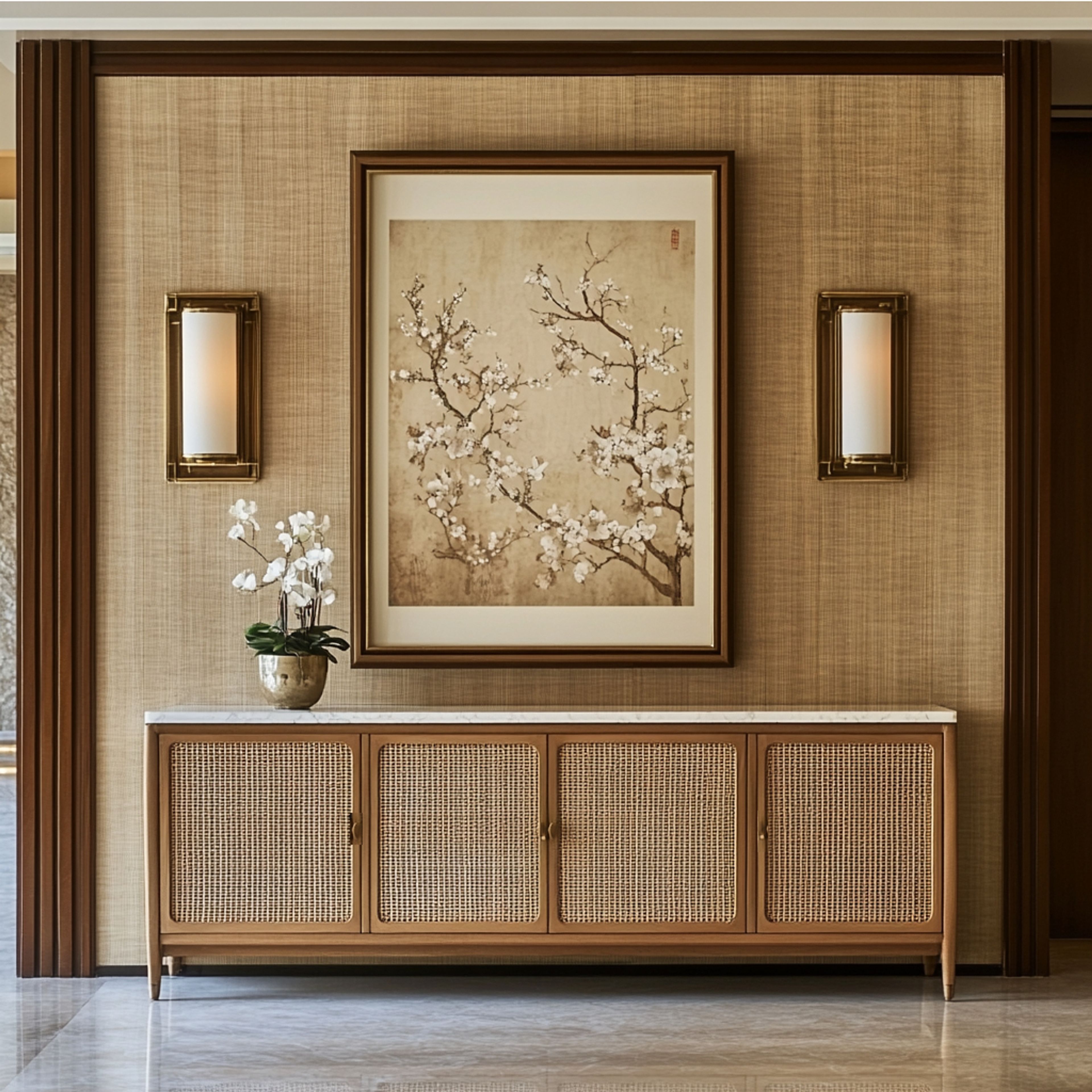 Contemporary Foyer Design with Suede Laminate Finish Cabinet