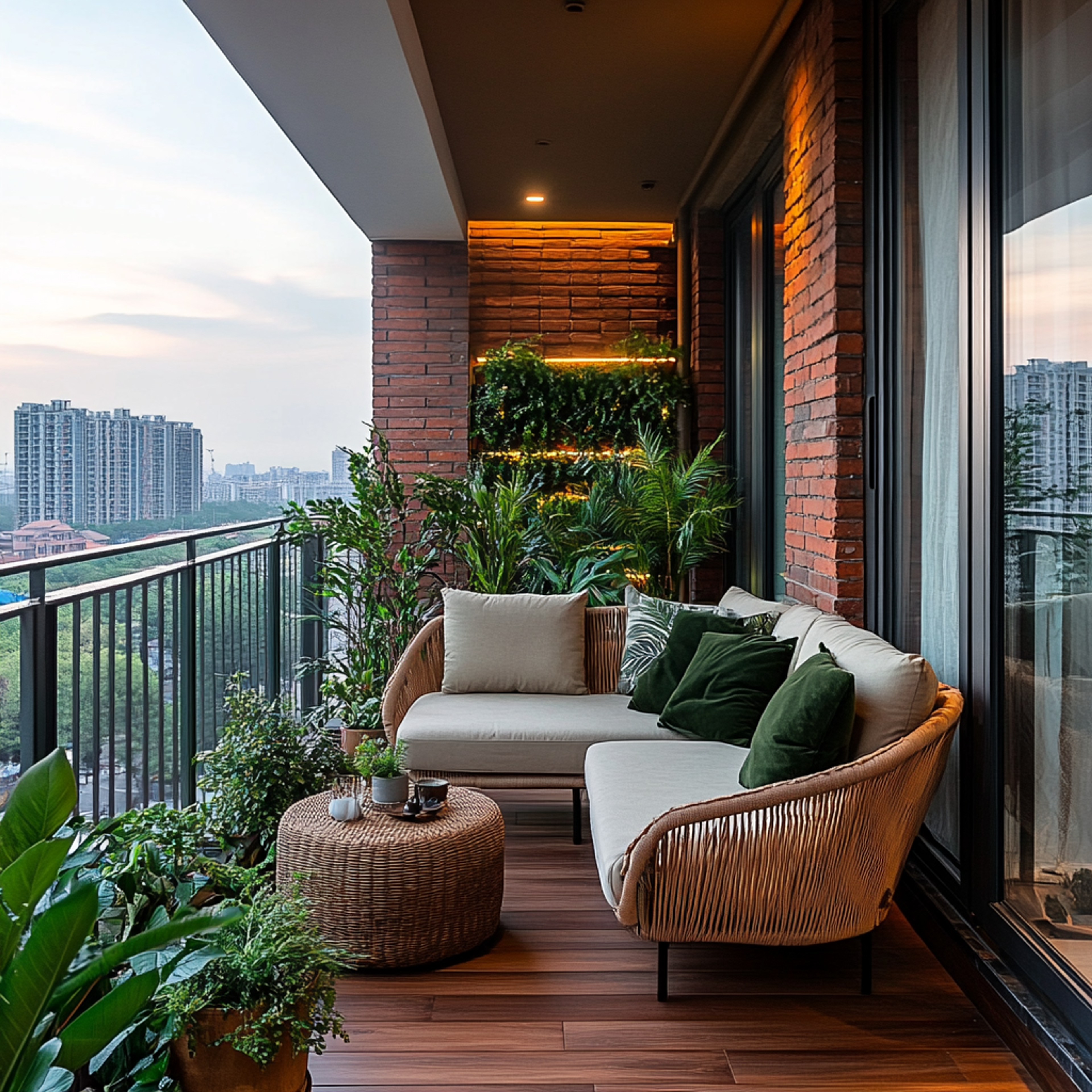 Balcony Design with Exposed Red Brick Wall and Greenery