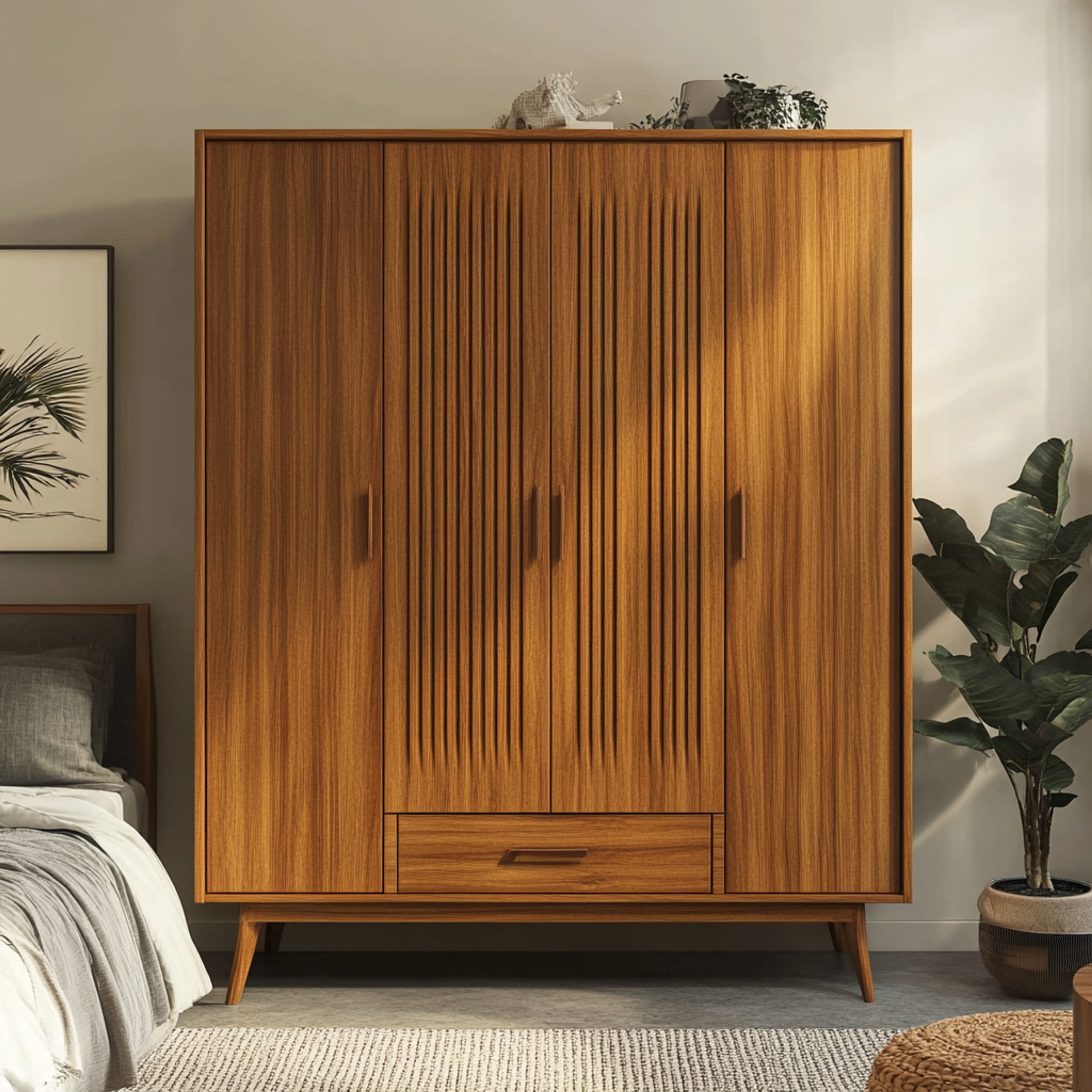 Modern 4-Door Wardrobe Design in Walnut with Suede Finish