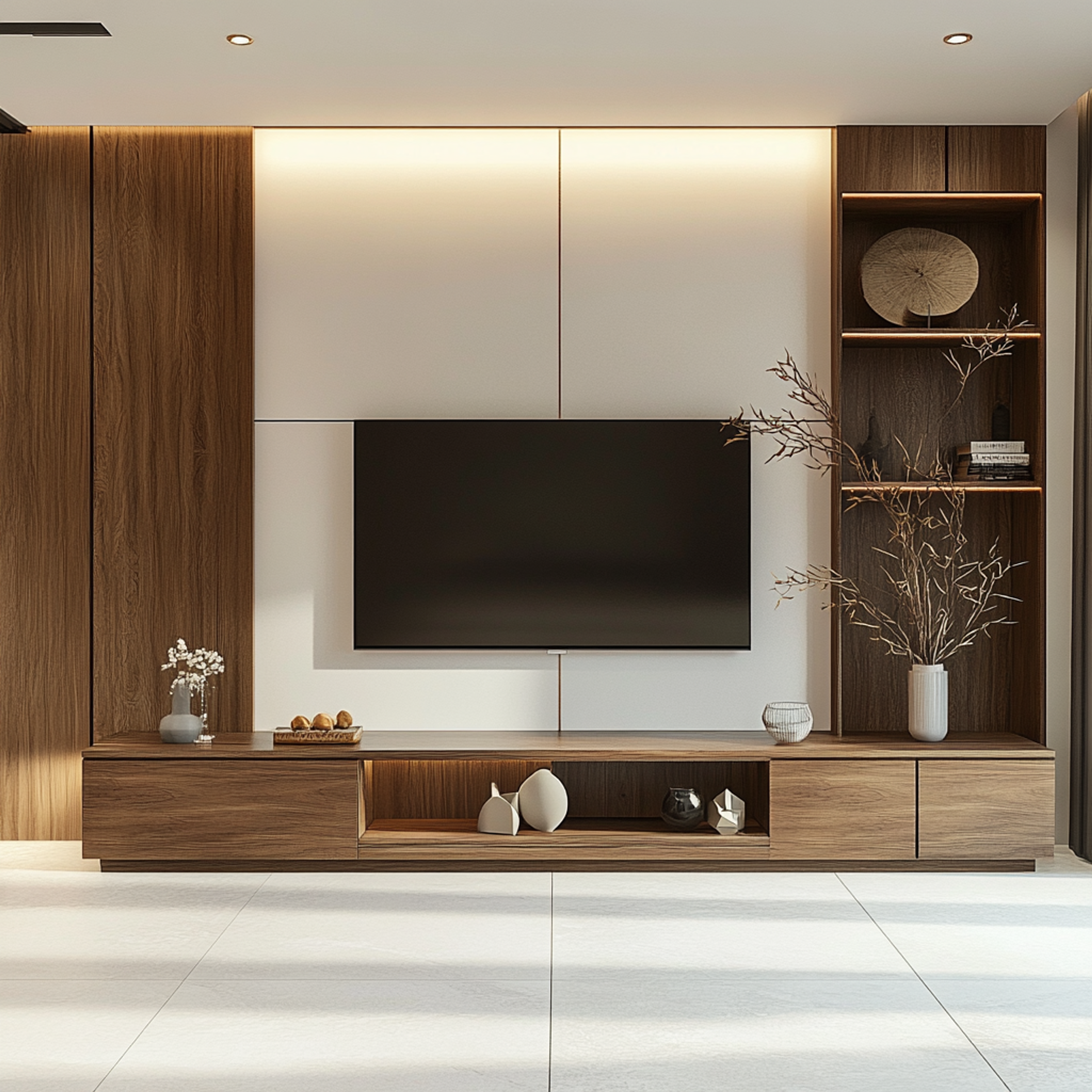 White and Walnut TV Unit Design in Contemporary Style