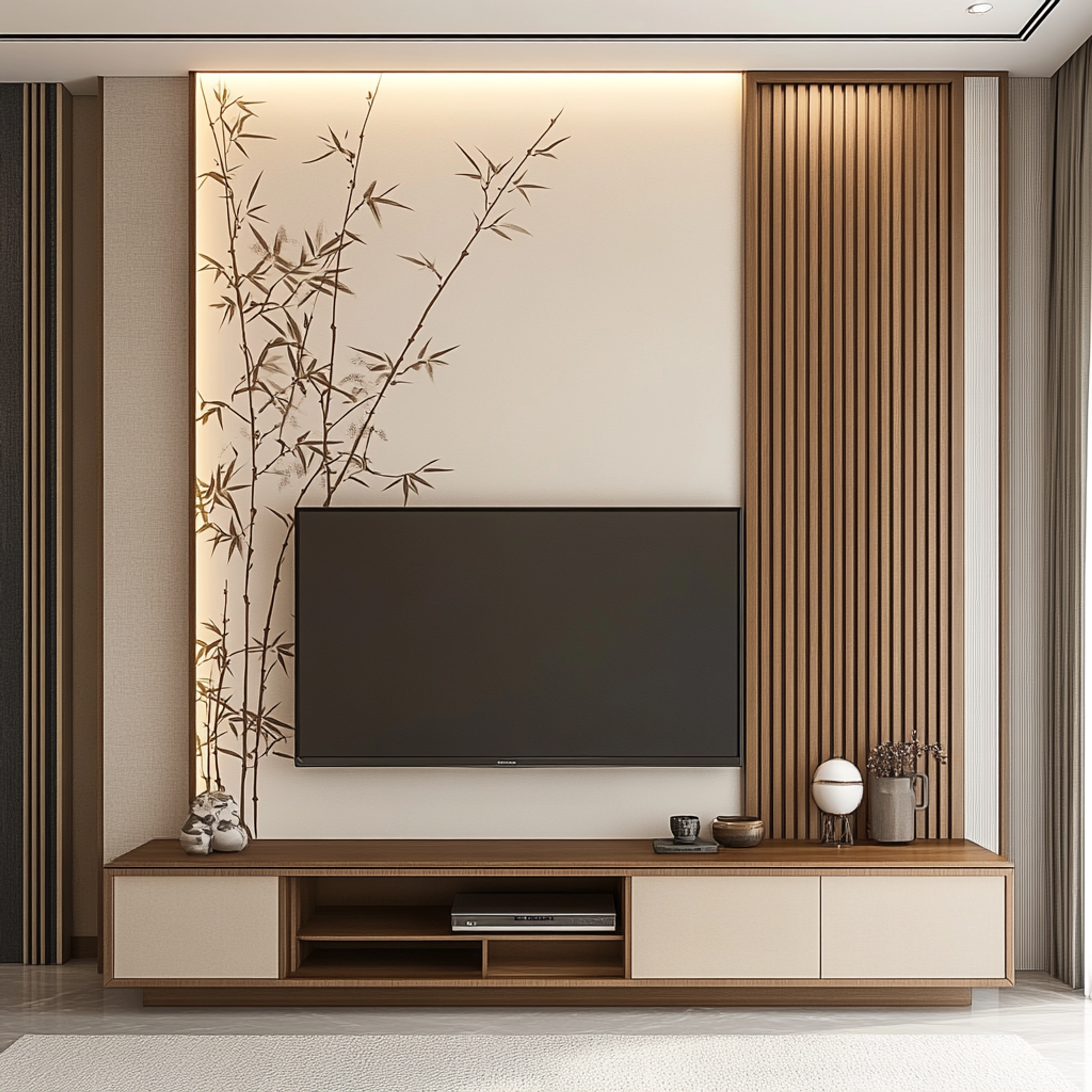 Modern TV Unit Design in Walnut and Grey