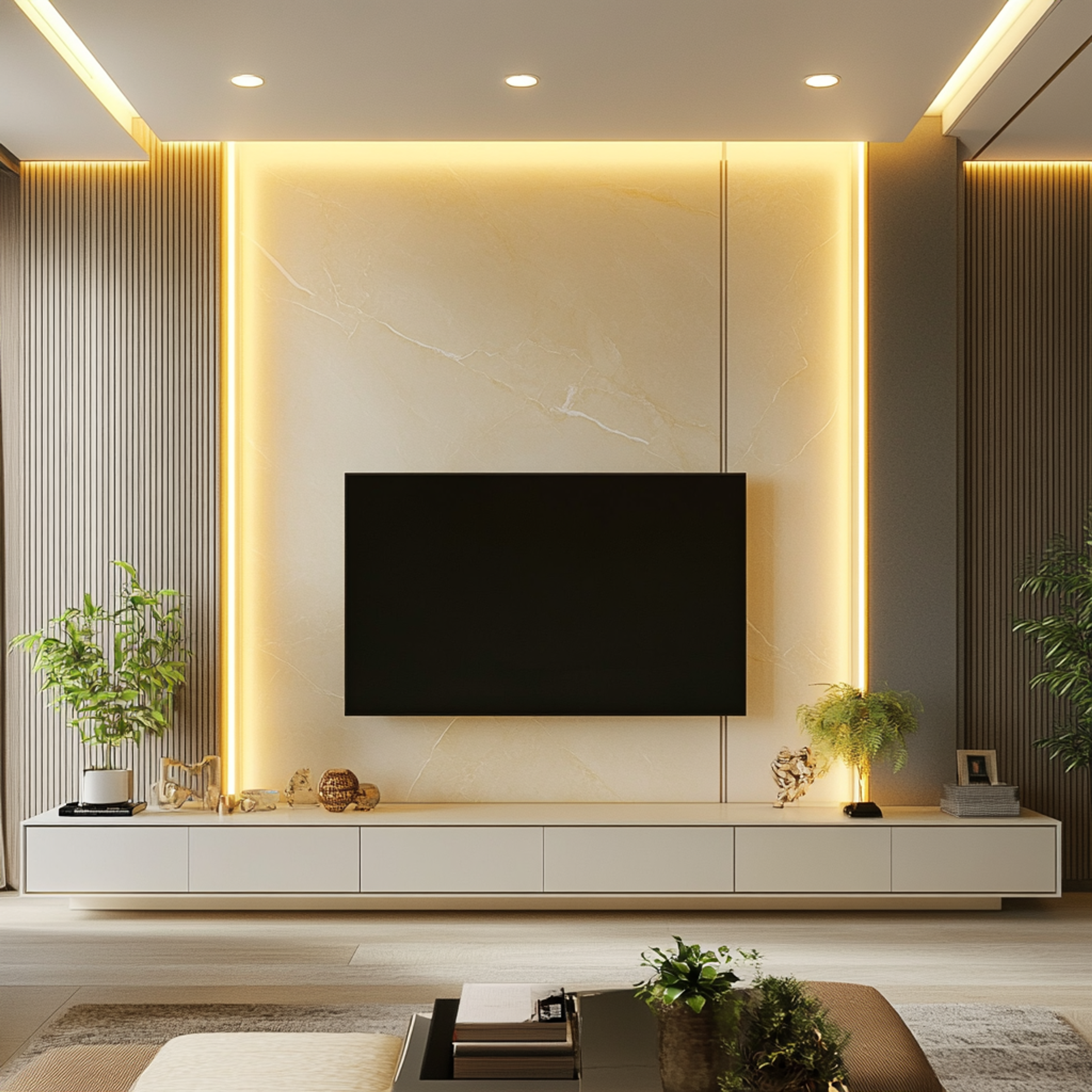 Modern TV Unit Design in Frosty White Suede Finish