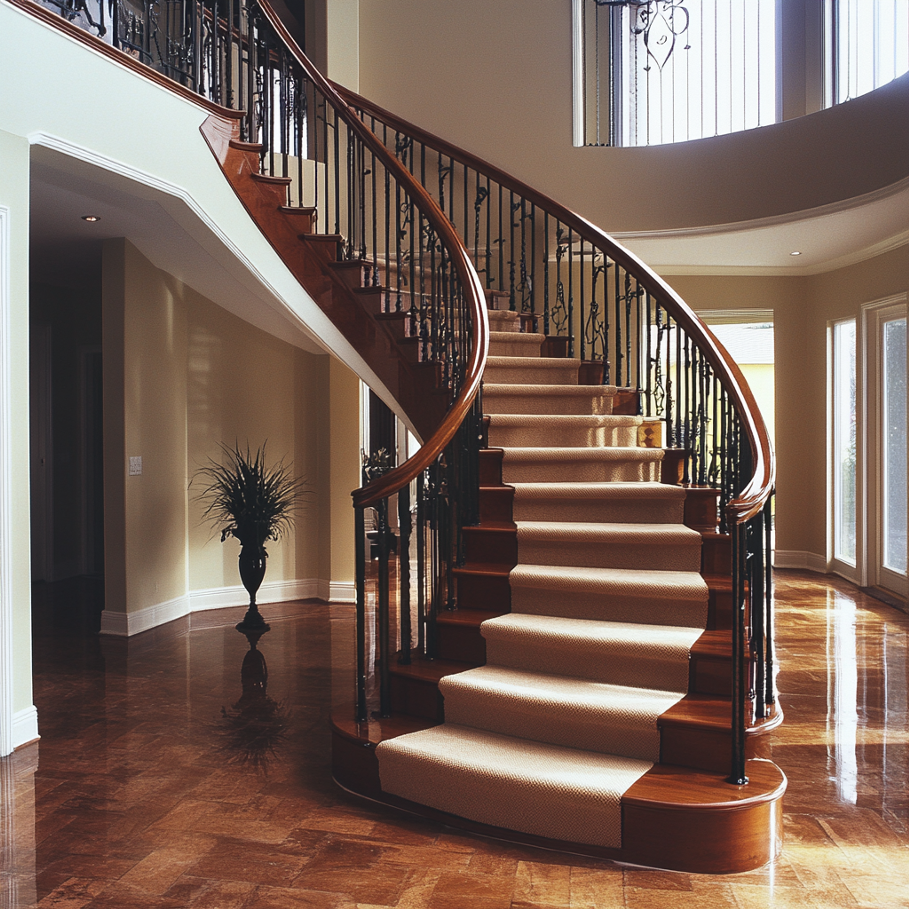 Modern Curved Wooden Staircase Design with Wood Finish