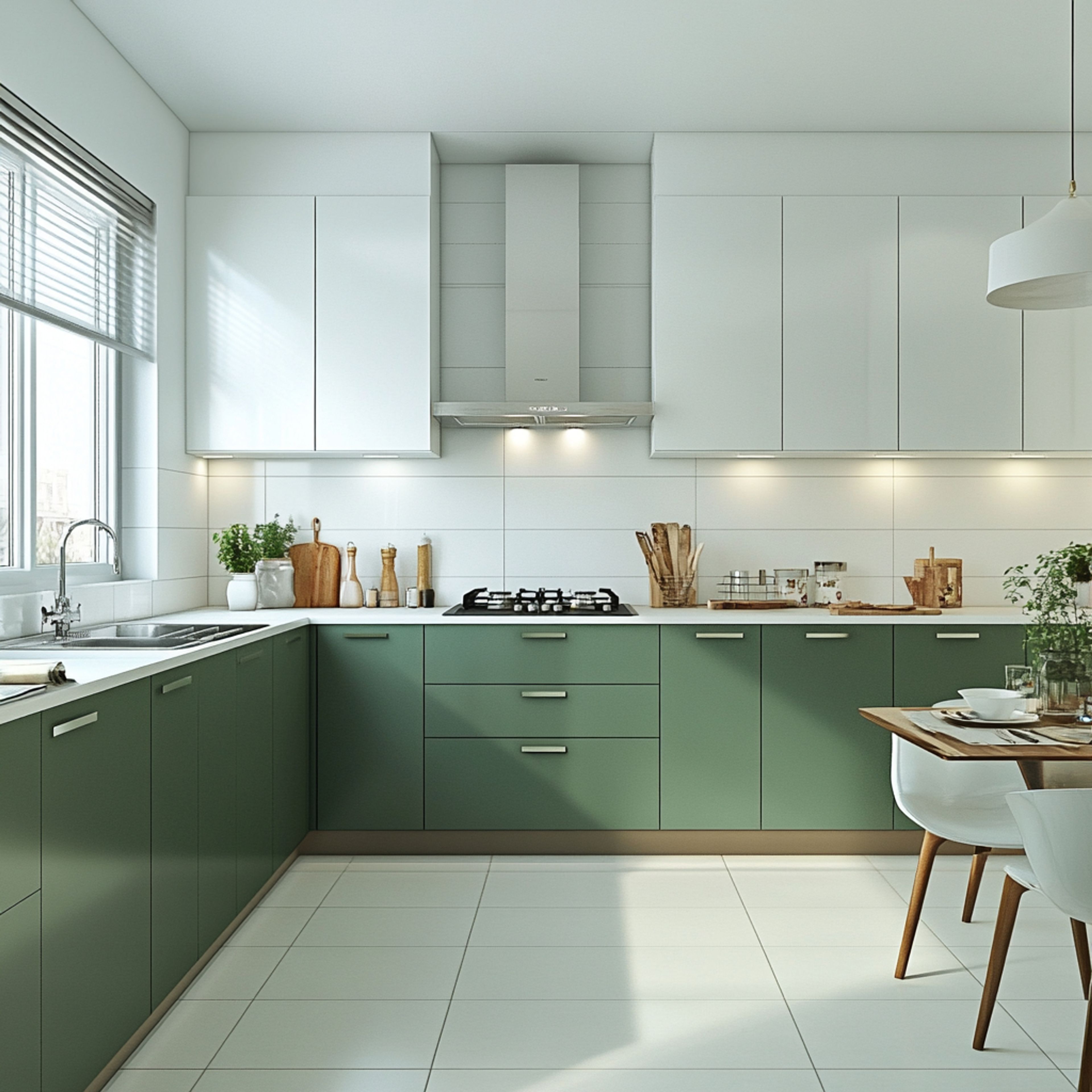 Modern L-Shaped Kitchen Design with Aqua Green and White Suede Finish