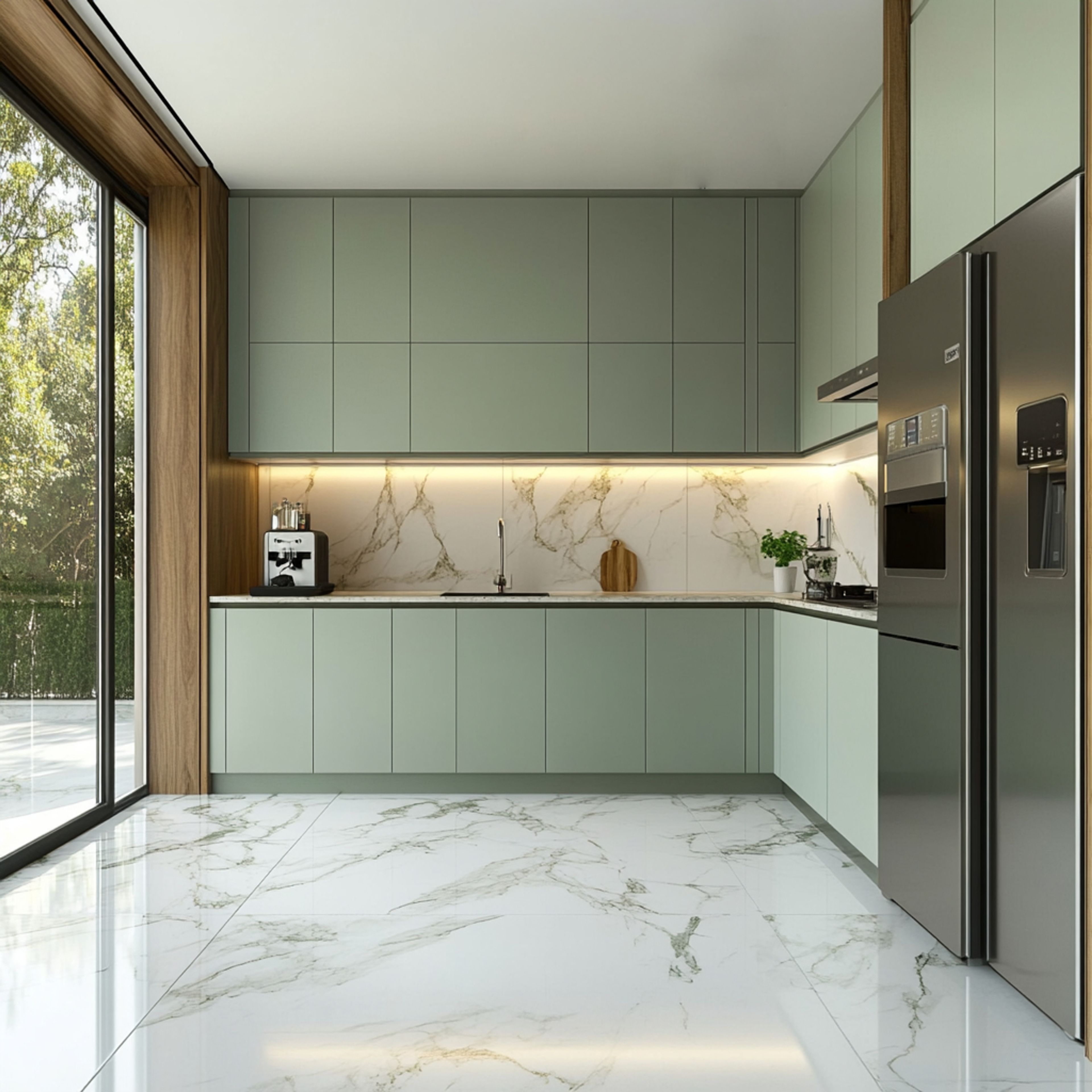 L-Shaped Minimalist Kitchen Design with Green Suede Finish