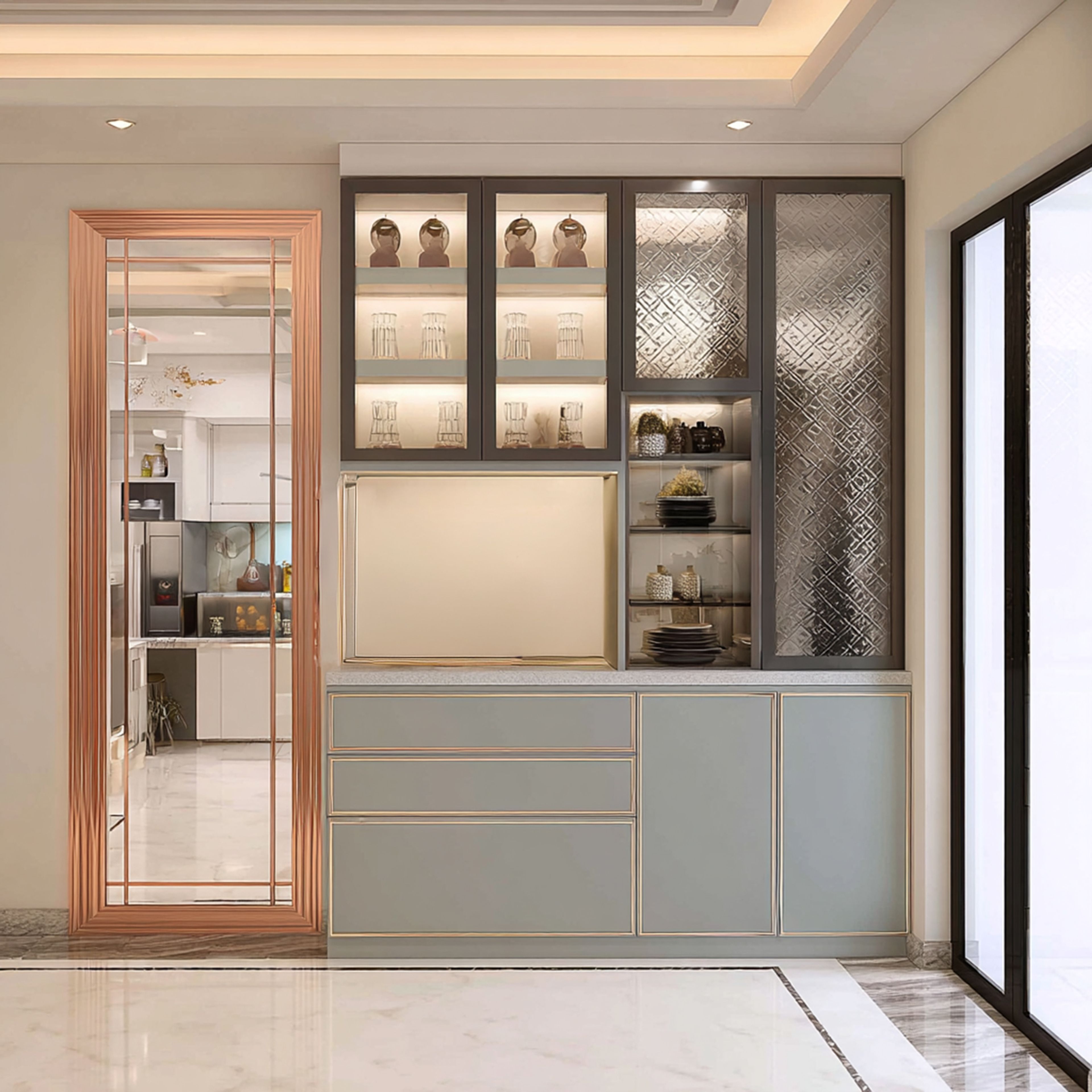 Contemporary Crockery Unit Design With Suede Finish and Glass-Front Cabinets