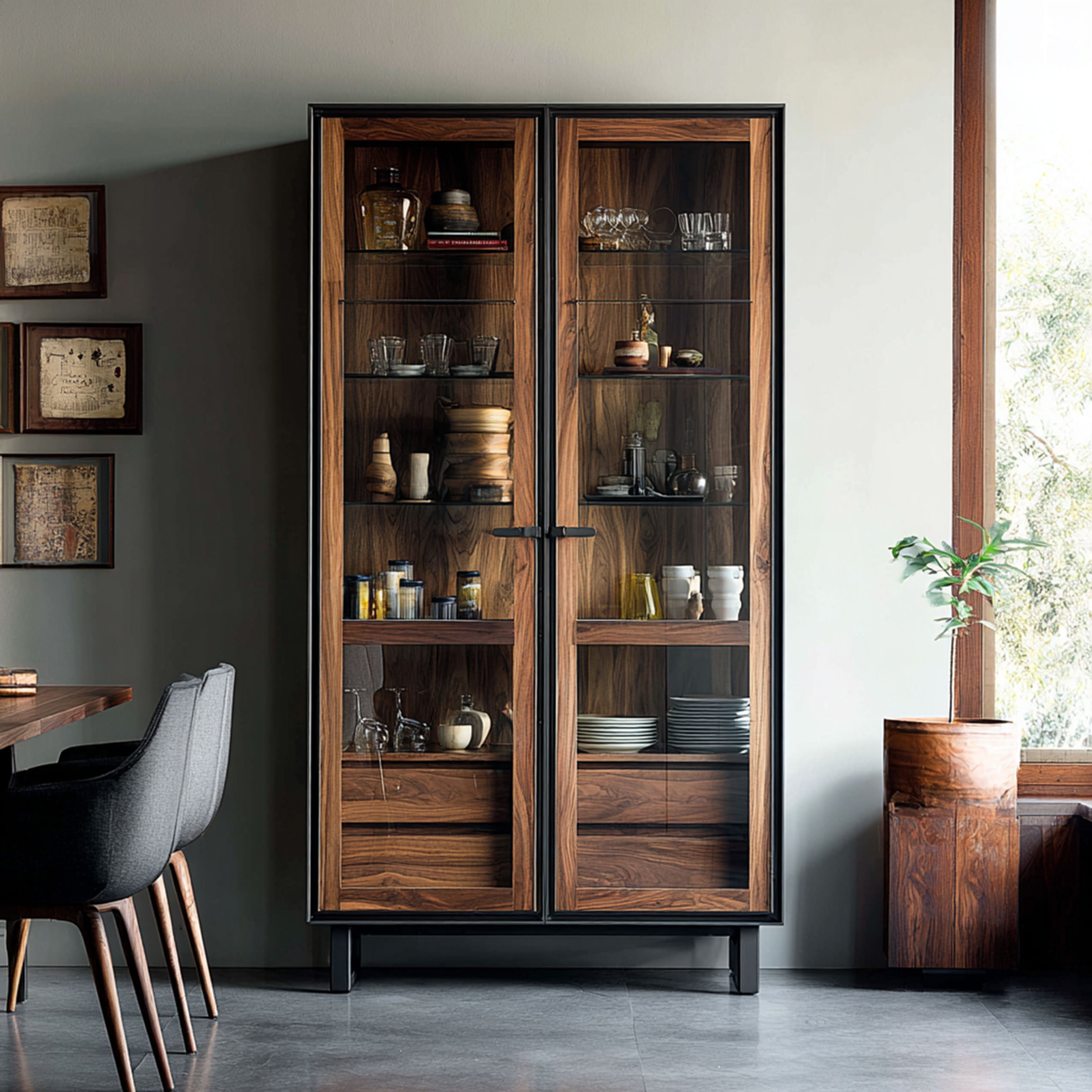Wooden Contemporary Crockery Unit Design with Glass Shelves and Concealed Storage