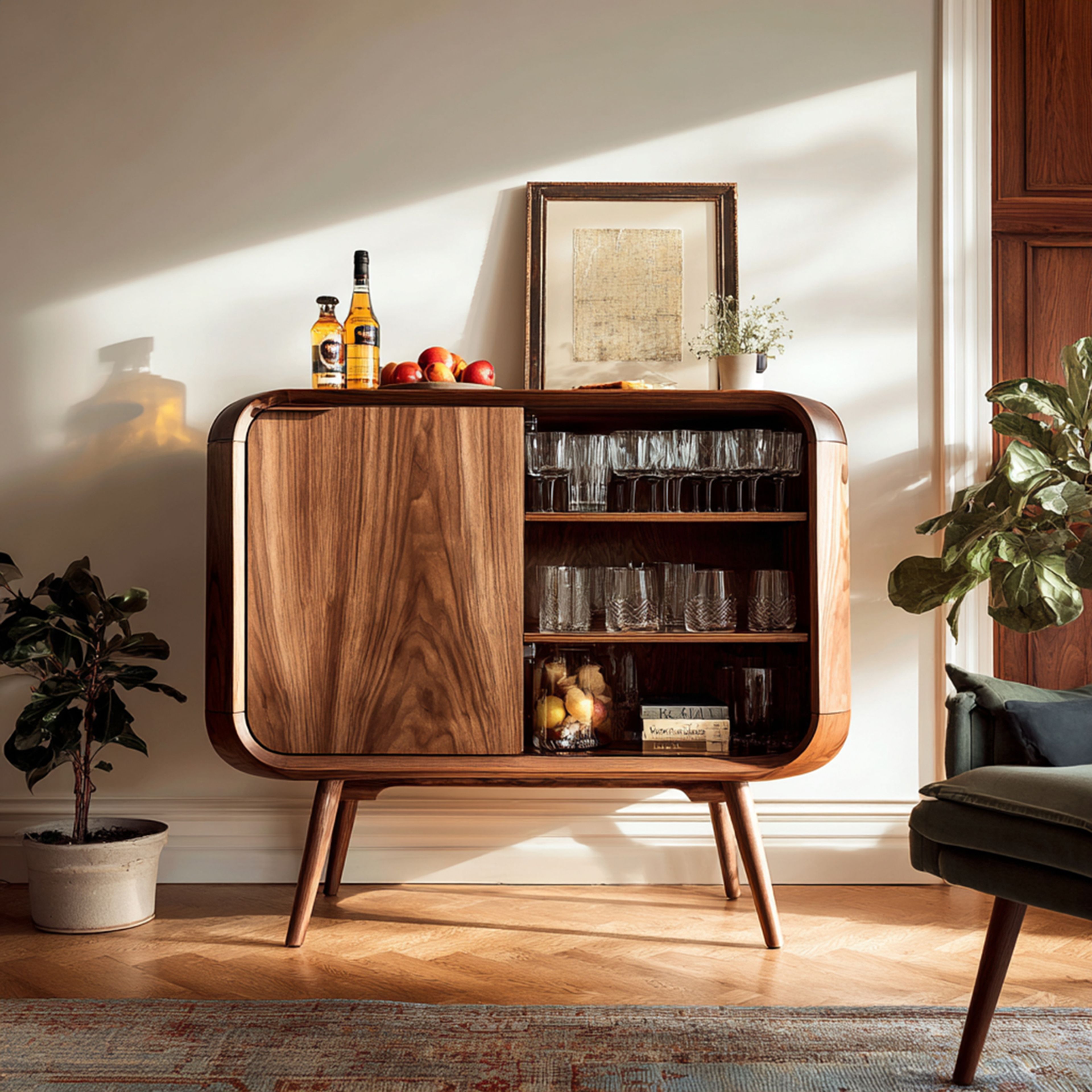 Walnut Bronze Mid-Century Modern Home Bar Design with Open and Closed Storage
