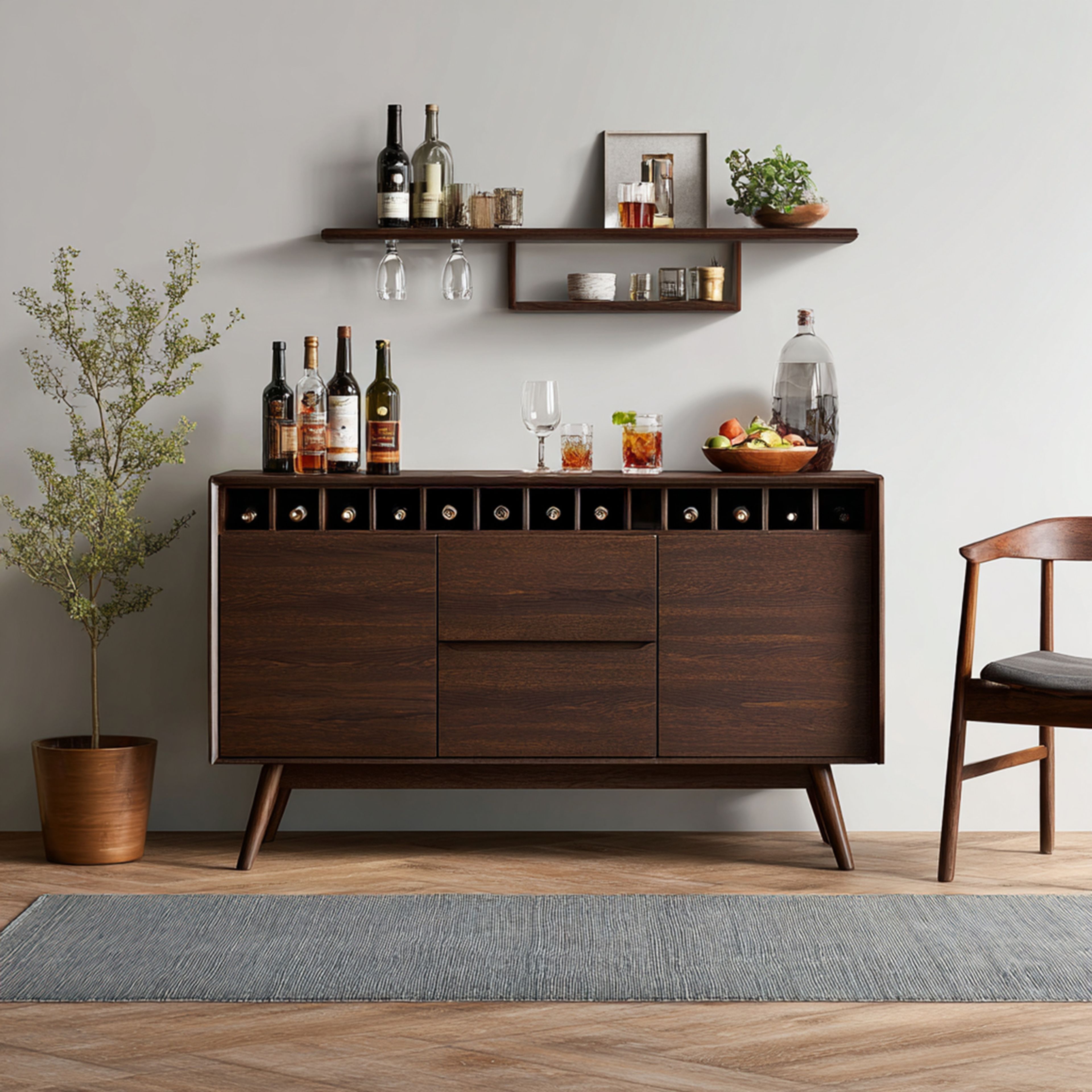 Mid-Century Modern Home Bar Design with Overhead Shelf, Wine Slots and Drawers