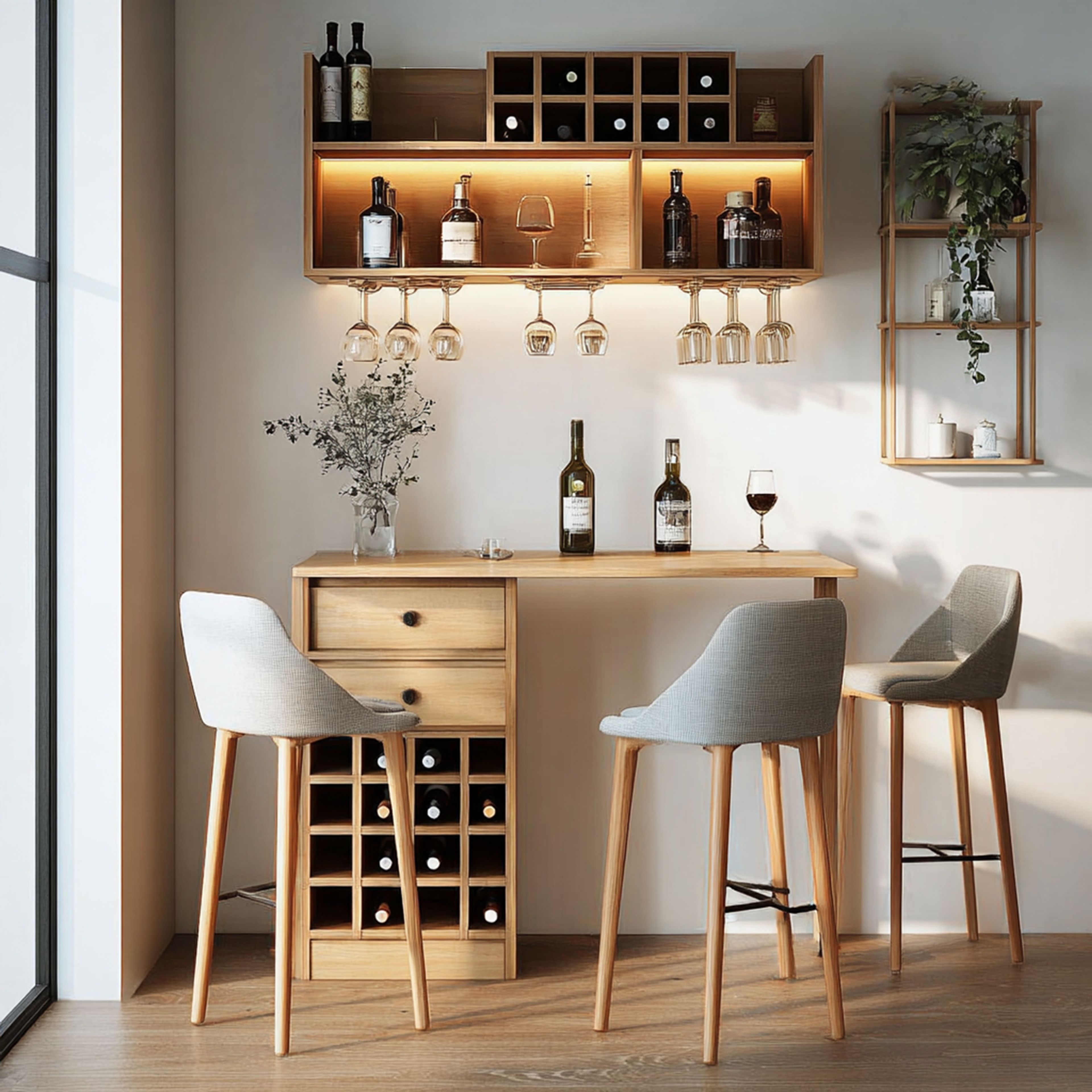 Modern Home Bar Design Featuring Cubbies Shelves and Wine Glass Racks