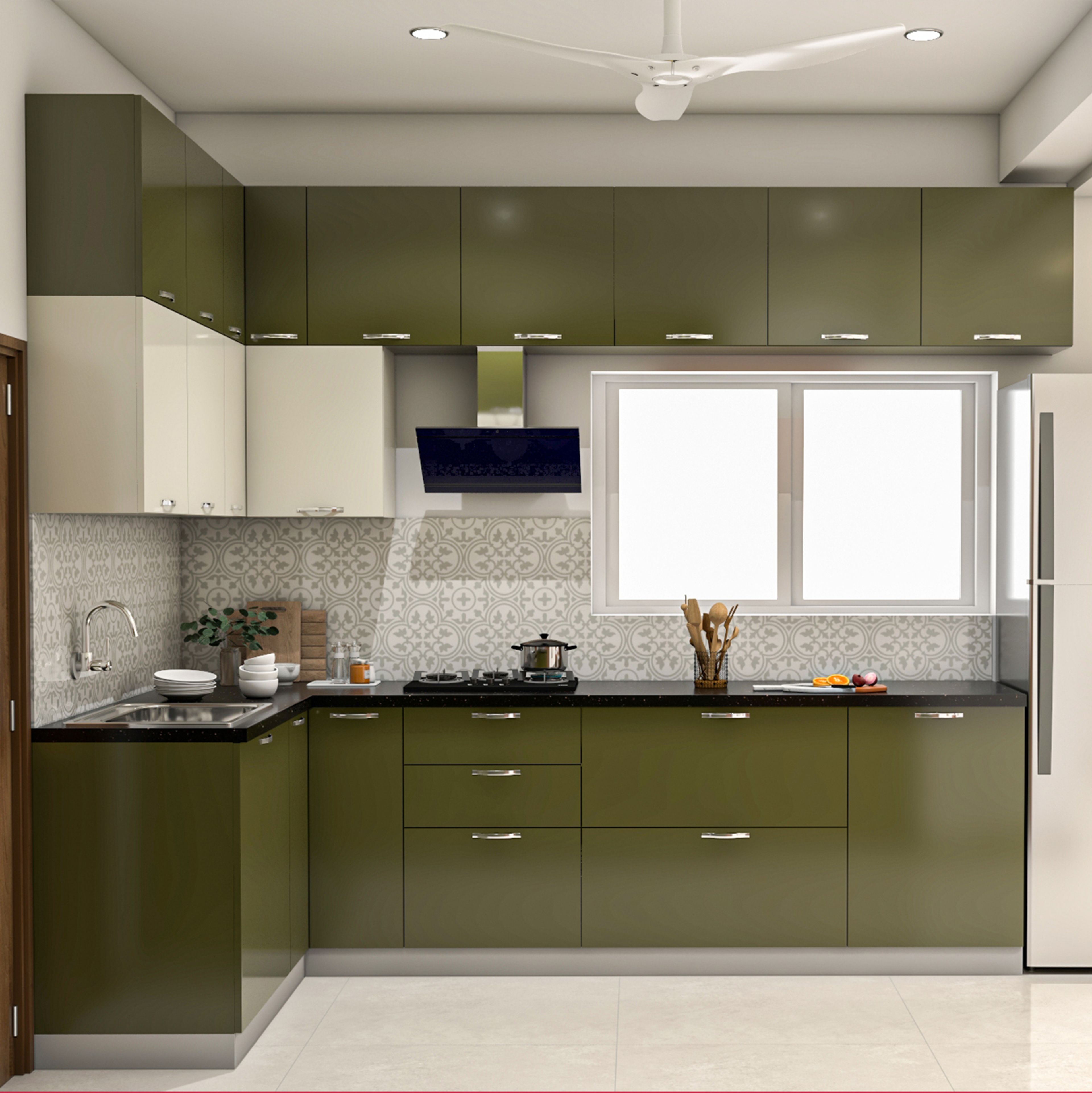 Green and White Modern L-Shaped Kitchen Design with Granite Stone Countertop and Glossy Cabinets