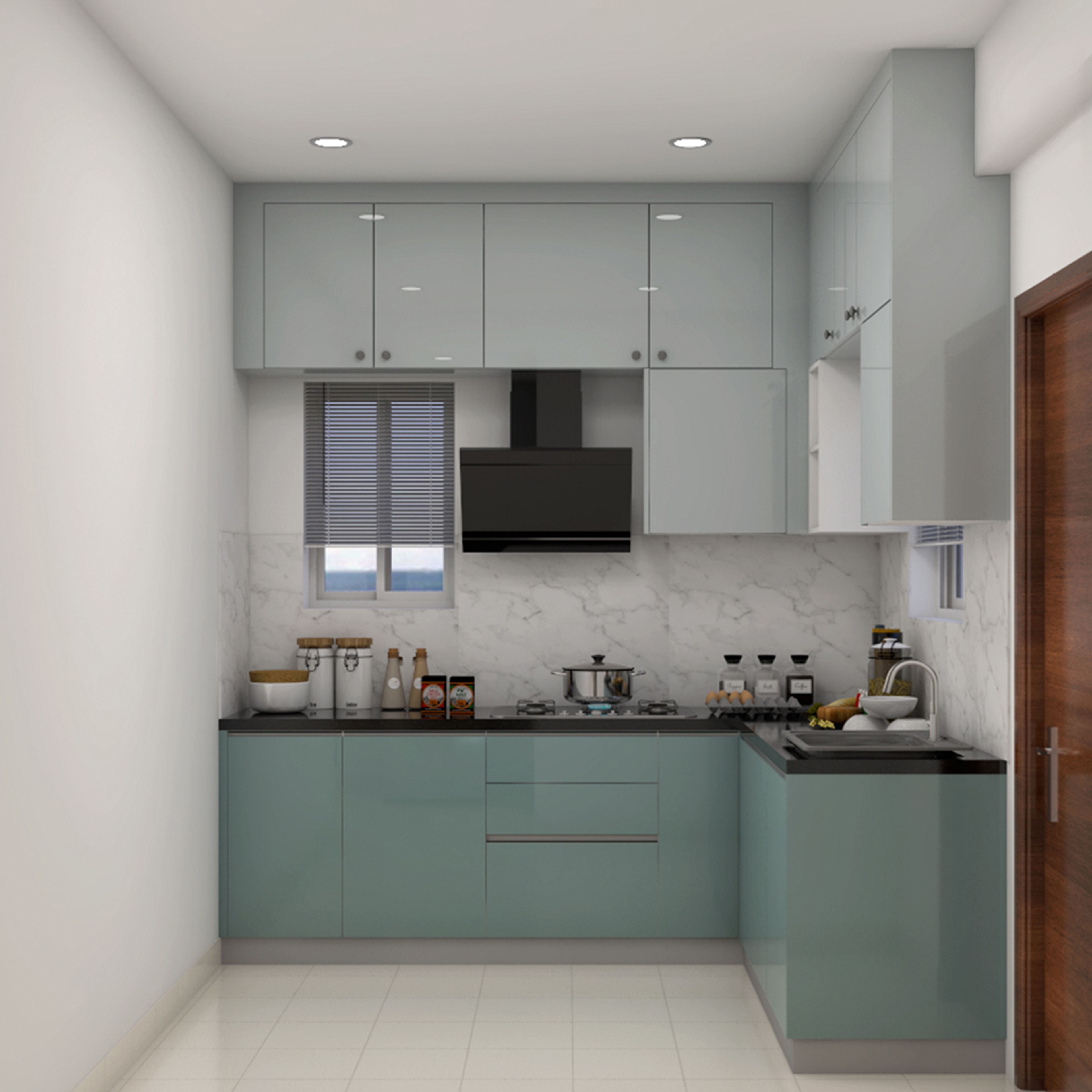 Minimal L-Shaped Kitchen Design with Aqua-Blue Cabinets and Marble-Look Backsplash