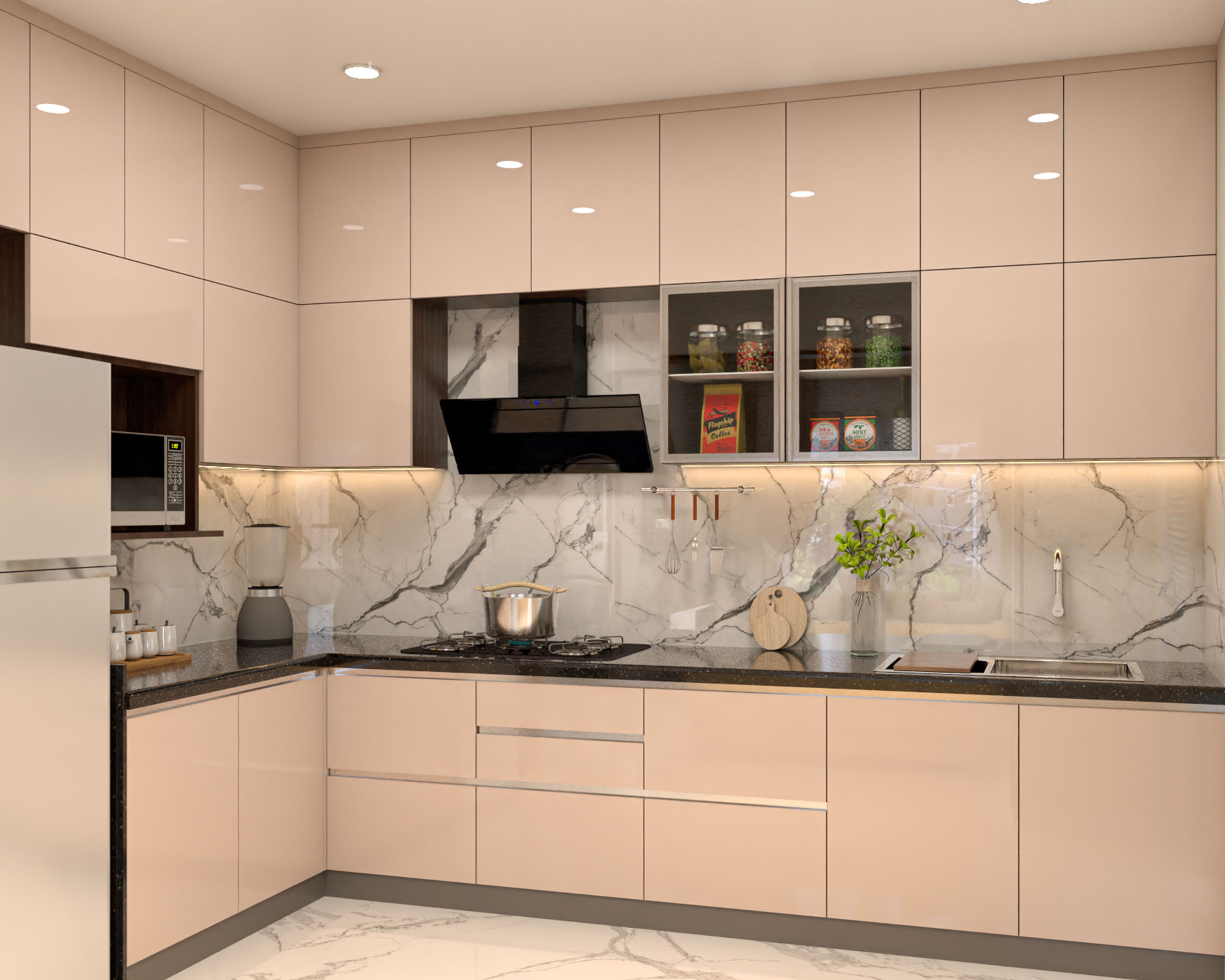 Modern Rose L-Shaped Kitchen Design with Full-Height Cabinets And Granite Counter