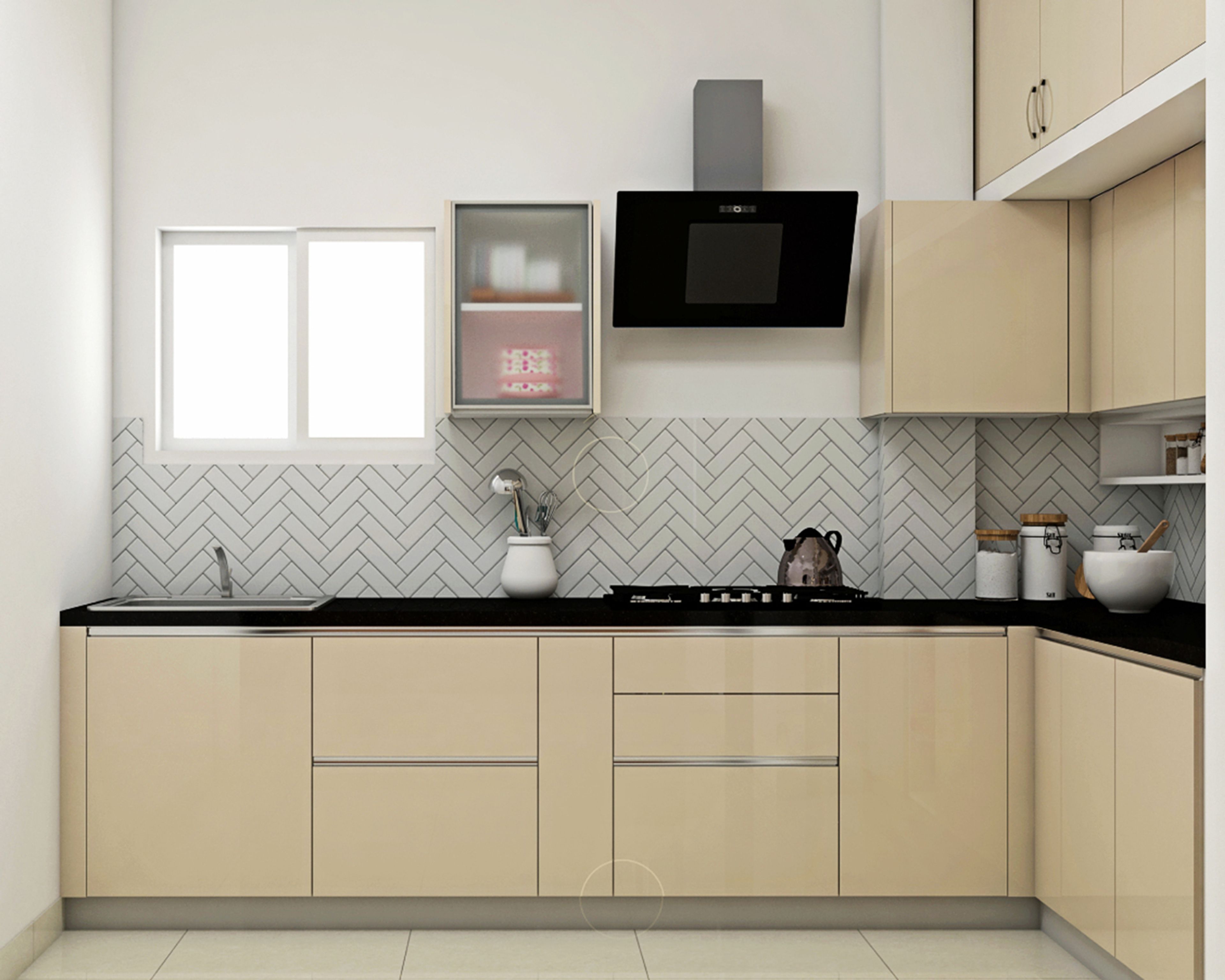 Cream-Toned Modern L-Shaped Kitchen Design with Herringbone Backsplash, Glossy Shutters and Drawers