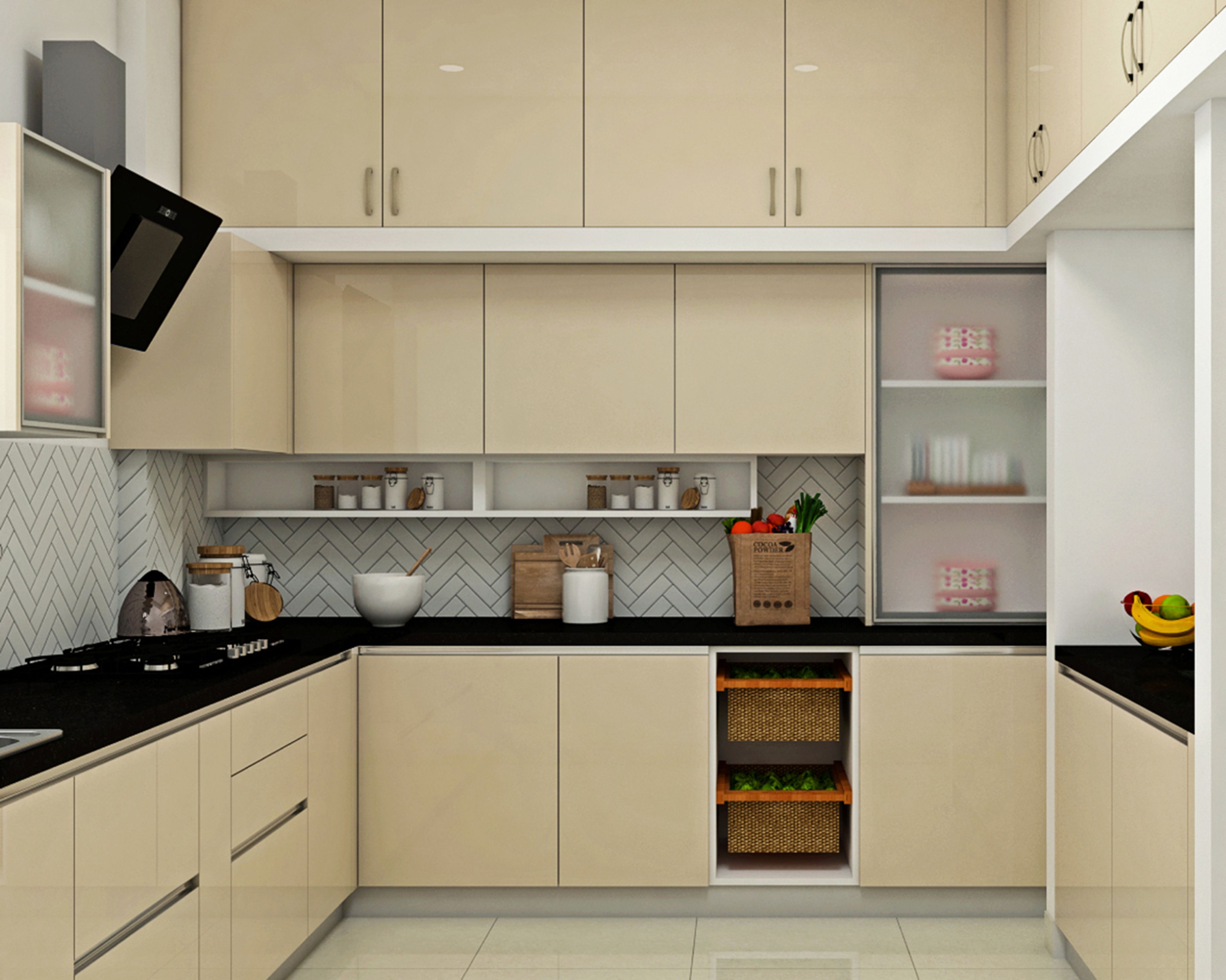 Cream-Toned L-Shaped Kitchen Design with Herringbone Backsplash, Glossy Shutters and Drawers