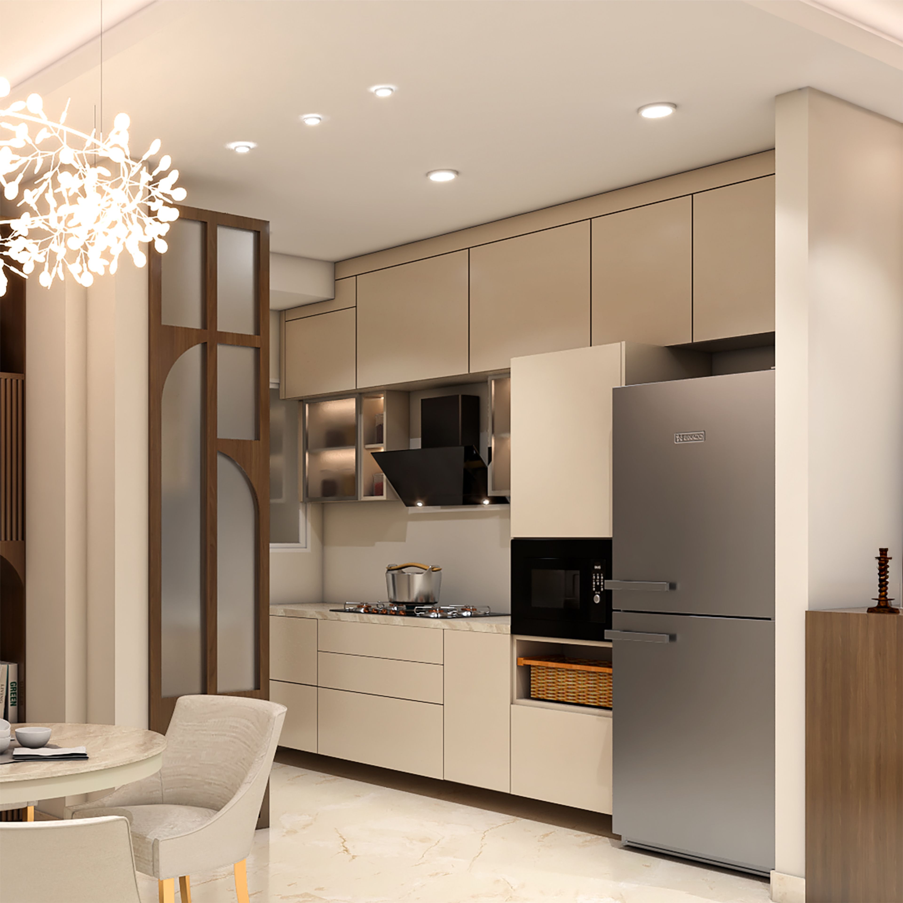 White and Cream Open Kitchen Design with Tall Storage, Marble Countertop and Glass Shutters