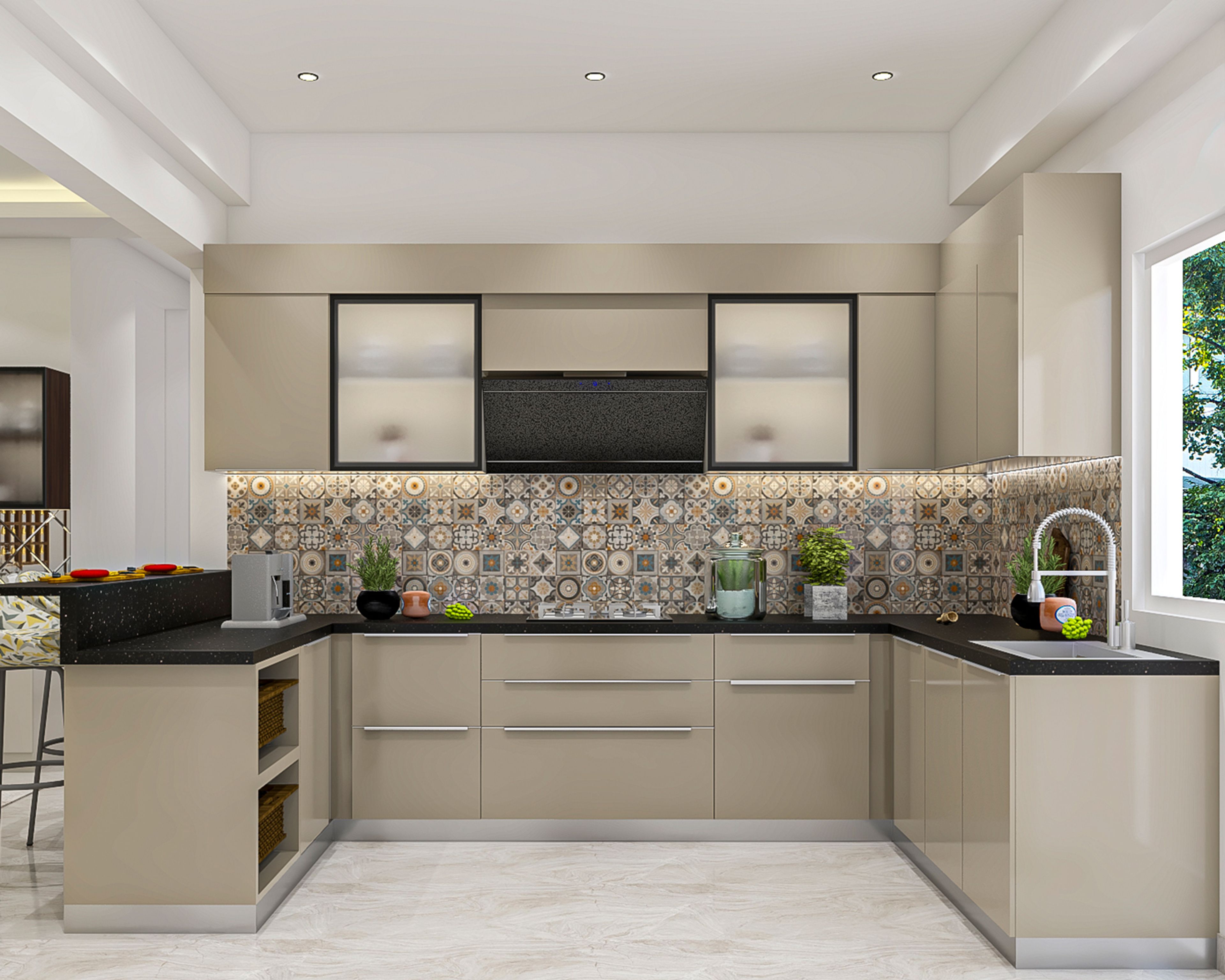 Contemporary U-Shaped Kitchen Design with Frosted Shutters And Patterned Tiles