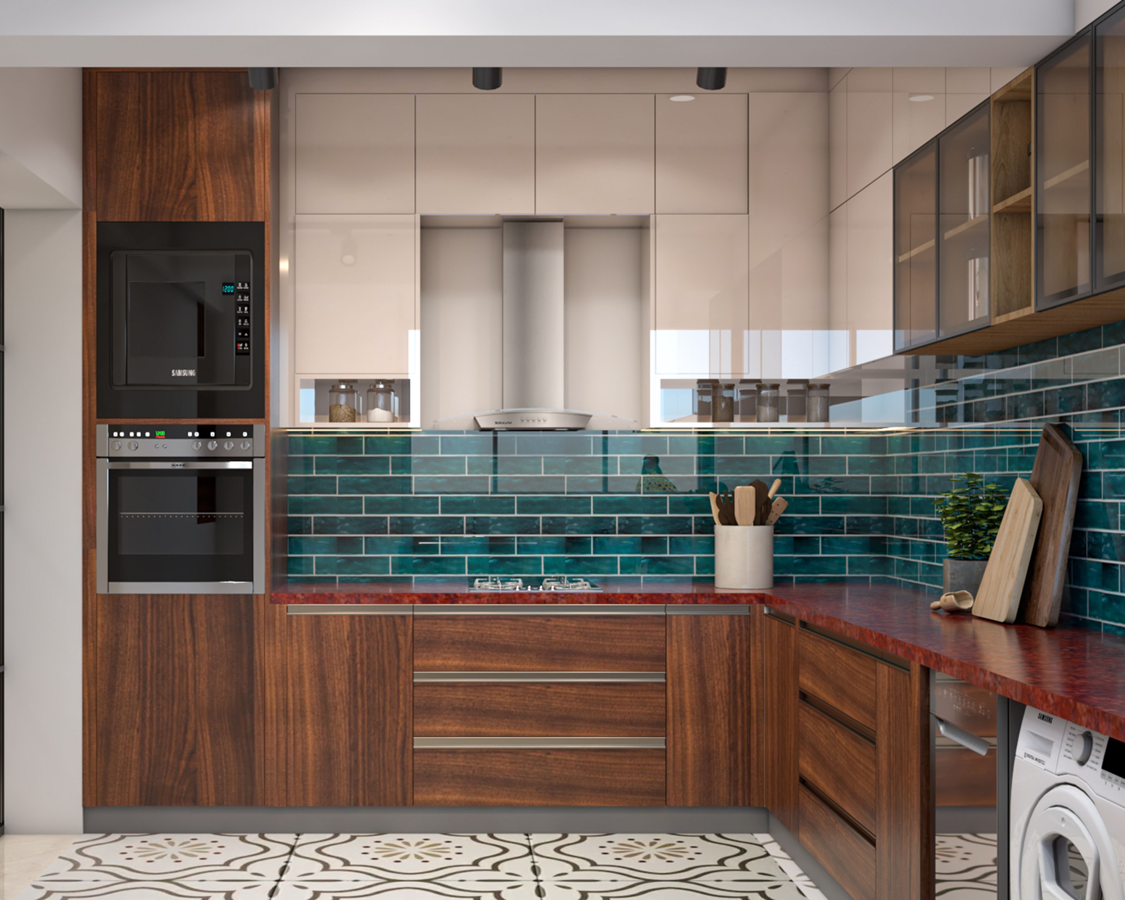 Eclectic U-Shaped Kitchen Design With Teal Backsplash and Red Countertop
