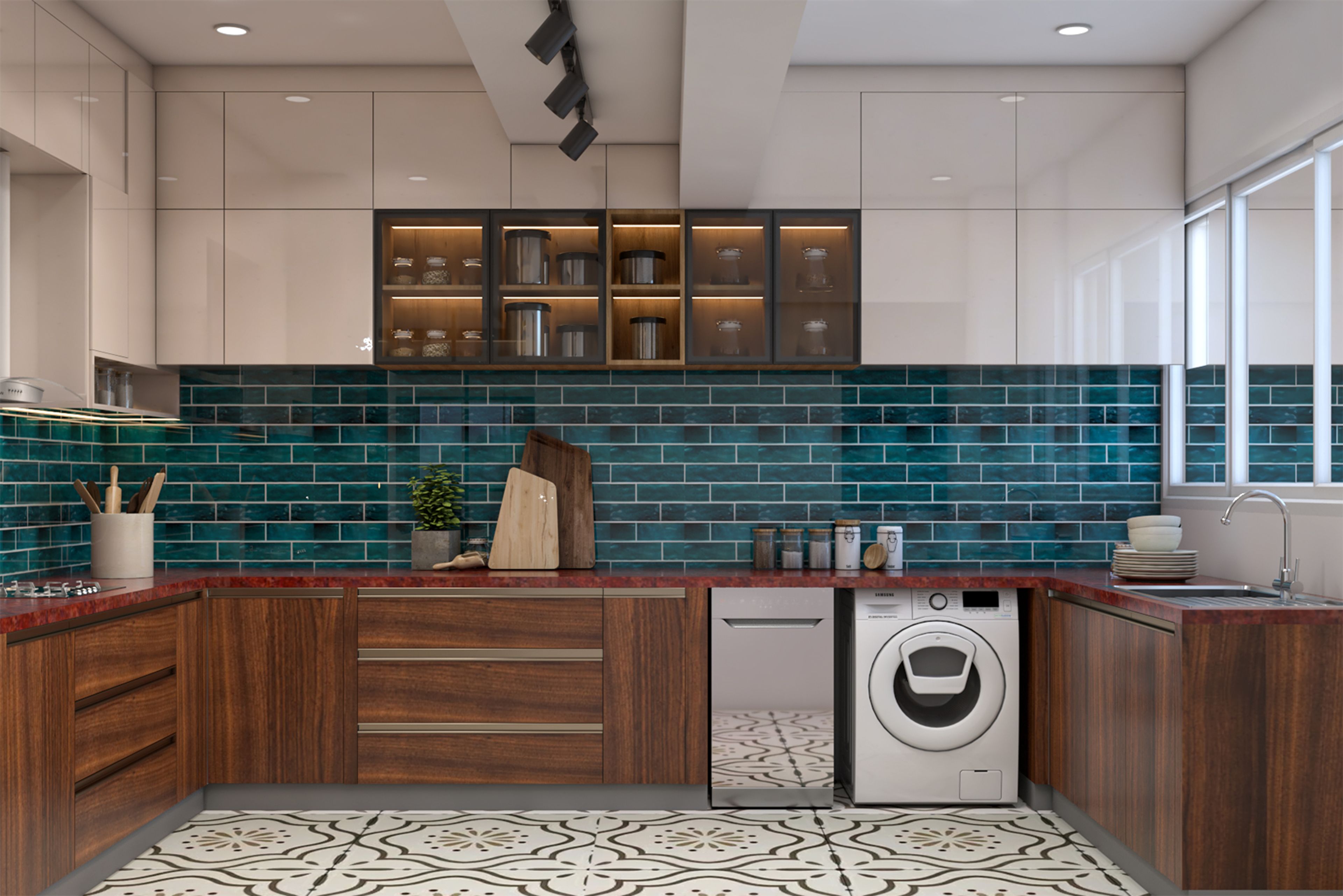 U-Shaped Kitchen Design With Teal Backsplash and Red Countertop