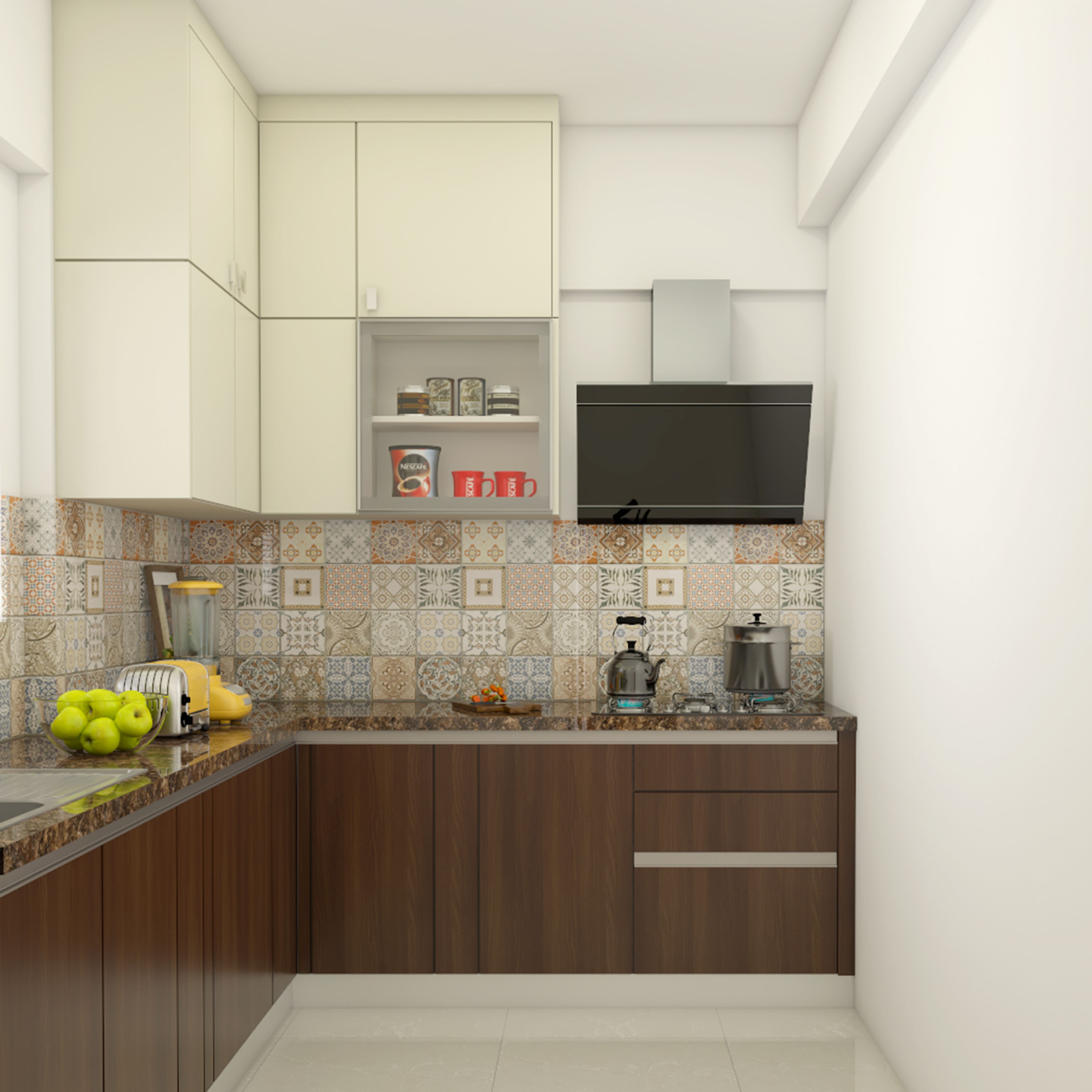 Teak and White Contemporary L-Shaped Kitchen Design With Moroccan Backsplash and Granite Countertop