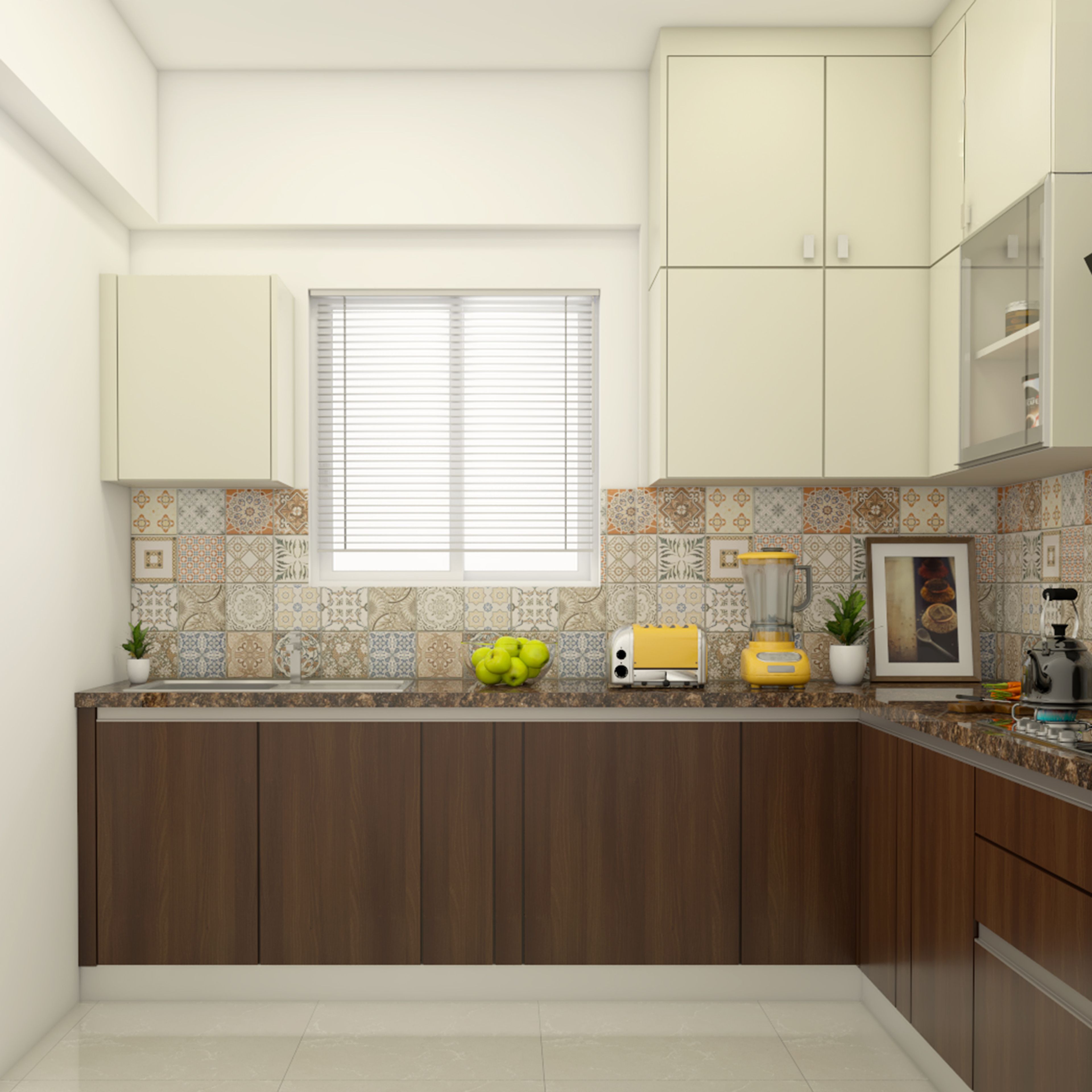 Teak and White L-Shaped Kitchen Design With Moroccan Backsplash, Open Shelves and Granite Countertop