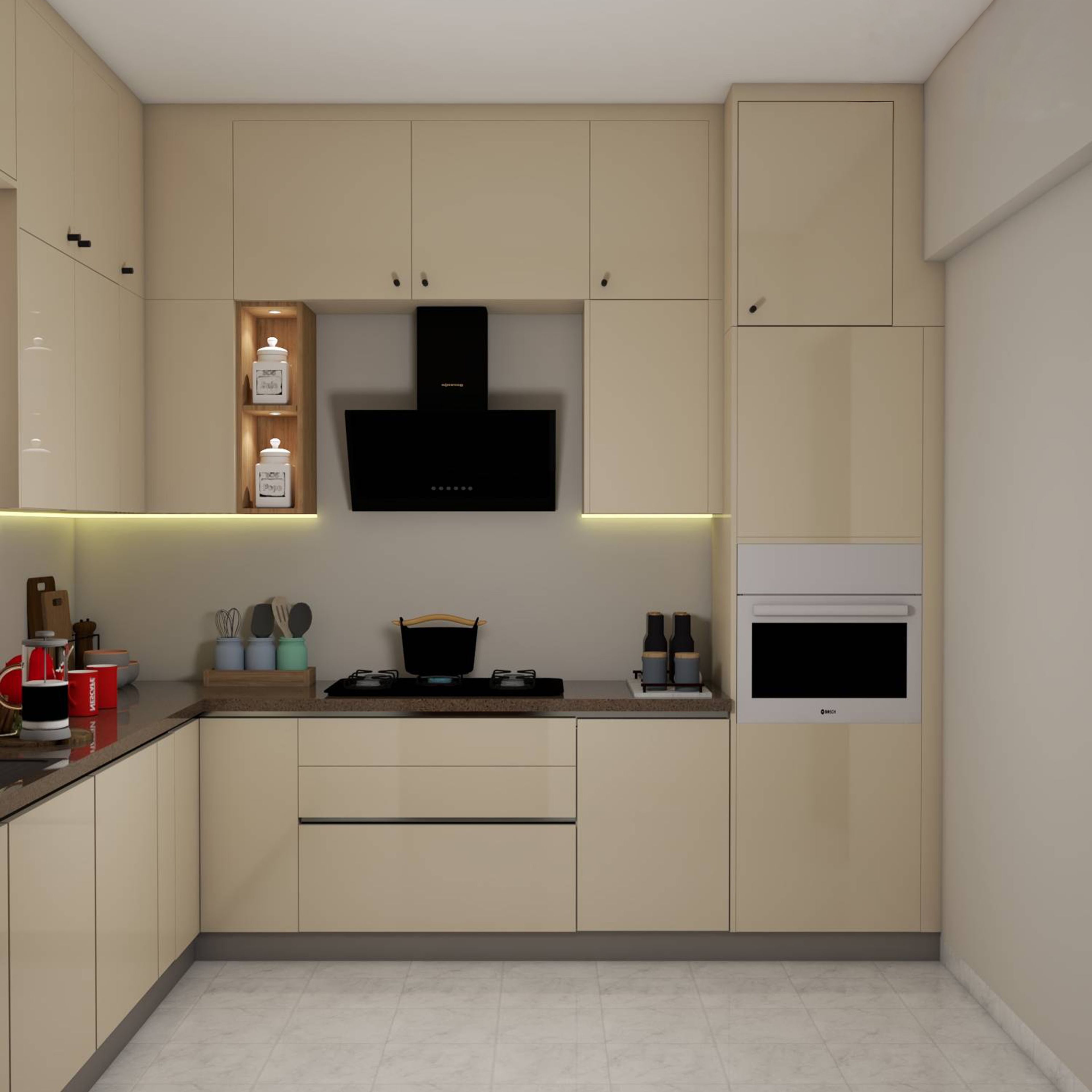 L-Shaped Modern Kitchen Design with White Cabinets, Granite Countertop and Wooden Accents