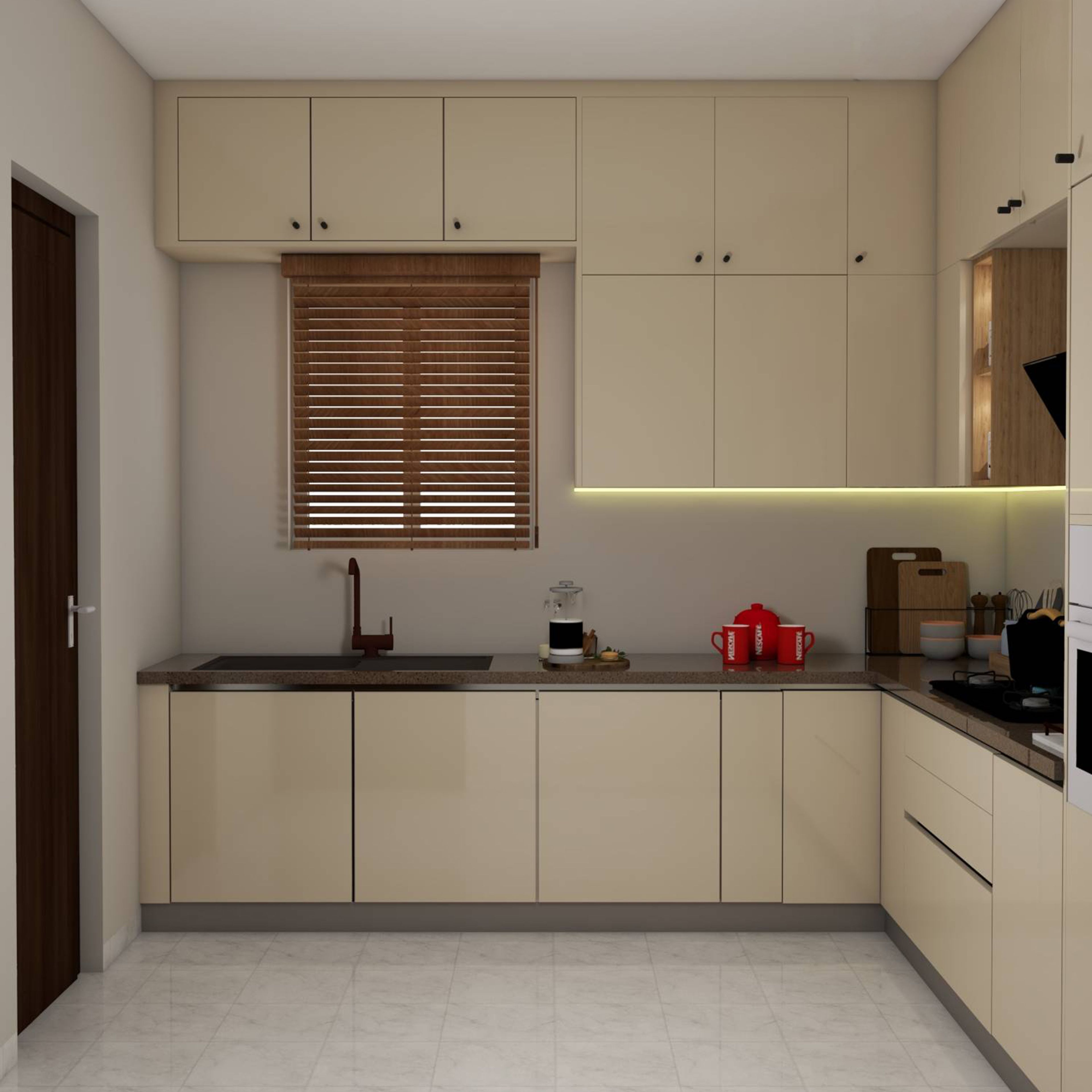 L-Shaped Kitchen Design with White Cabinets, Granite Countertop and Wooden Accents