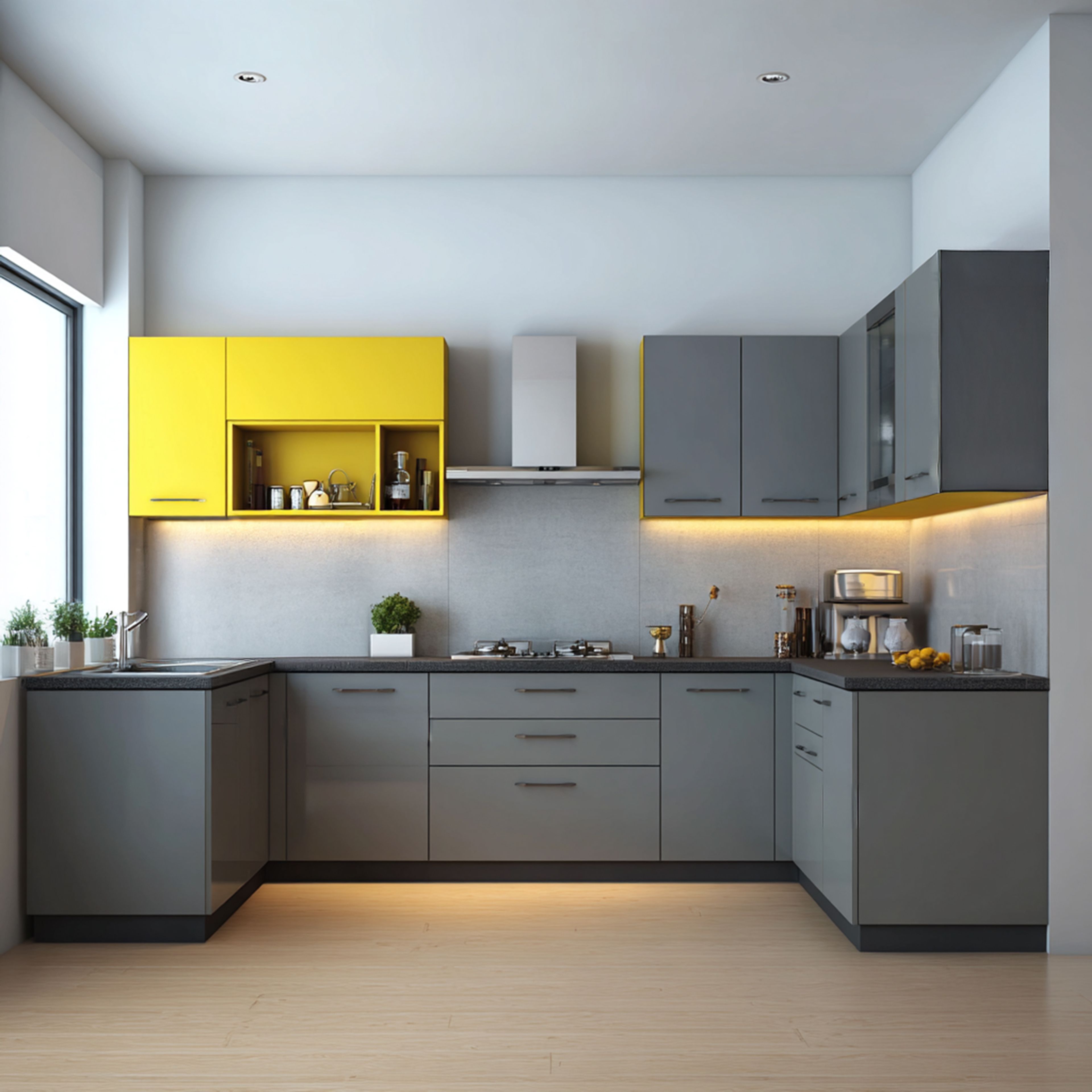 Grey and Yellow Modern U-Shaped Kitchen Design with Overheads and Granite Counter