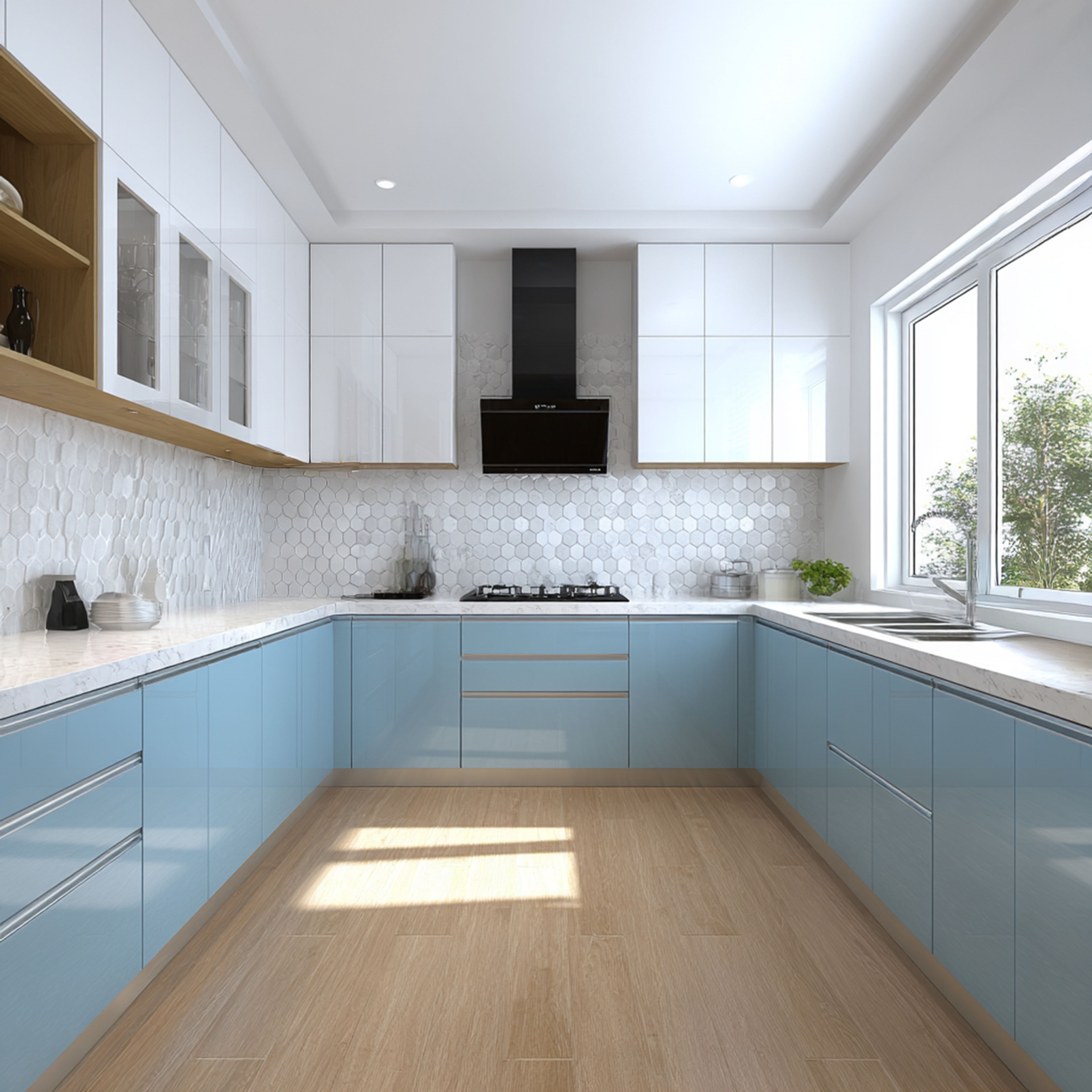 Minimal White and Denim Blue U-Shaped Kitchen Design with Wooden Shelves and Glass Units