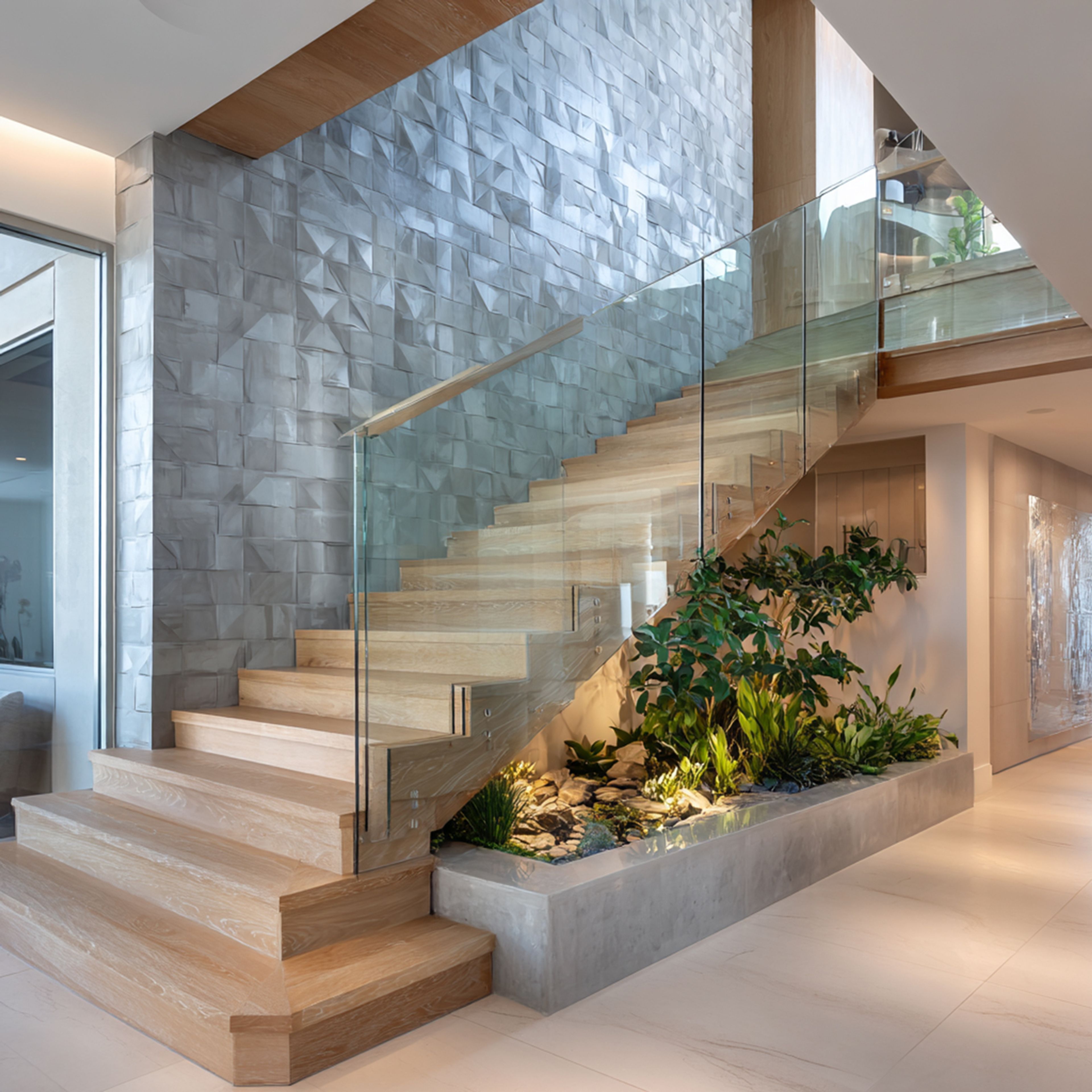 Modern Staircase Design with L-Shaped Structure and Glass Railings