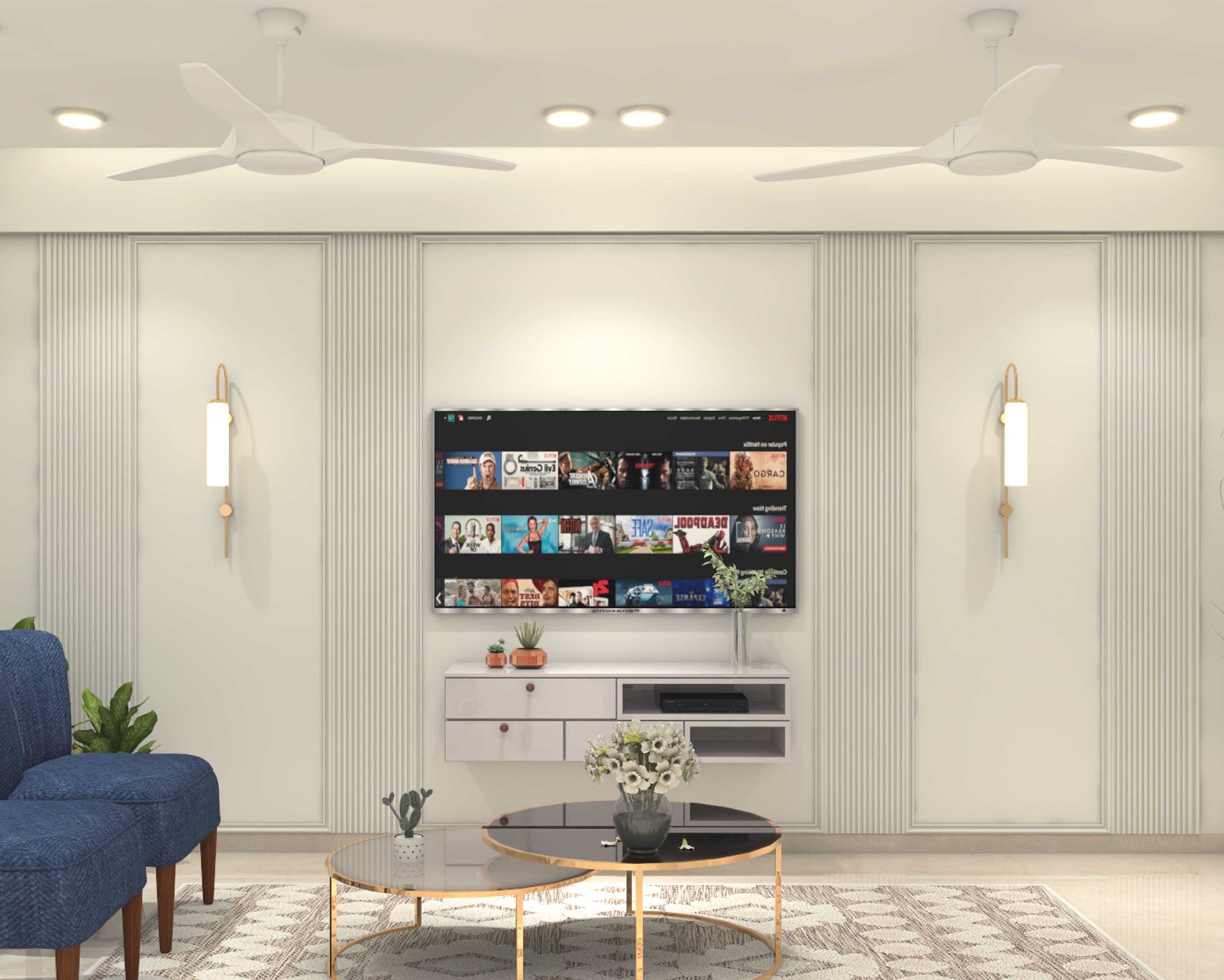 Modern White TV Unit Design with Glossy Laminate and Marble Patterned Backsplash Wall