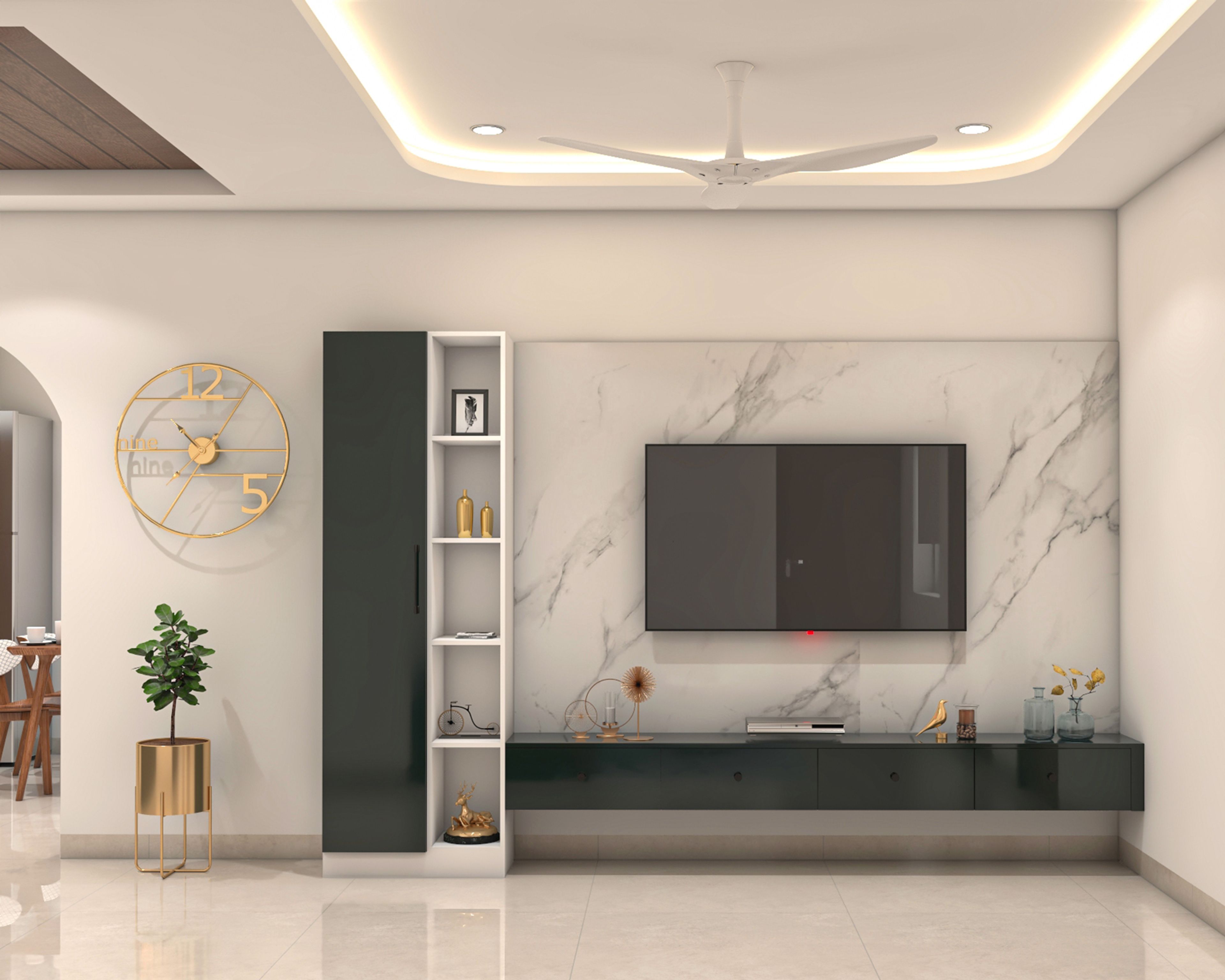 Contemporary TV Unit Design with Marble Backdrop and Desert Green Floating Drawers