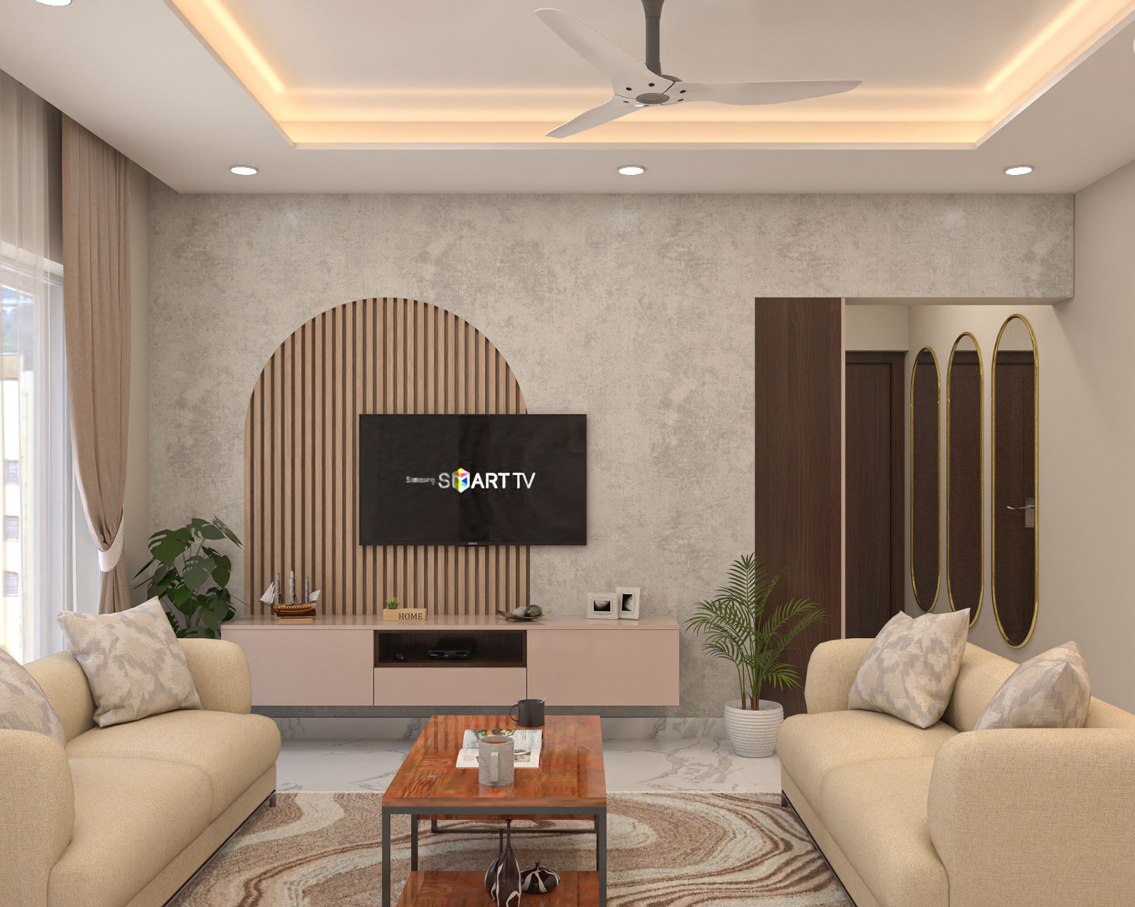 Contemporary TV Unit Design with Textured Backdrop and Wooden Arch Detailing