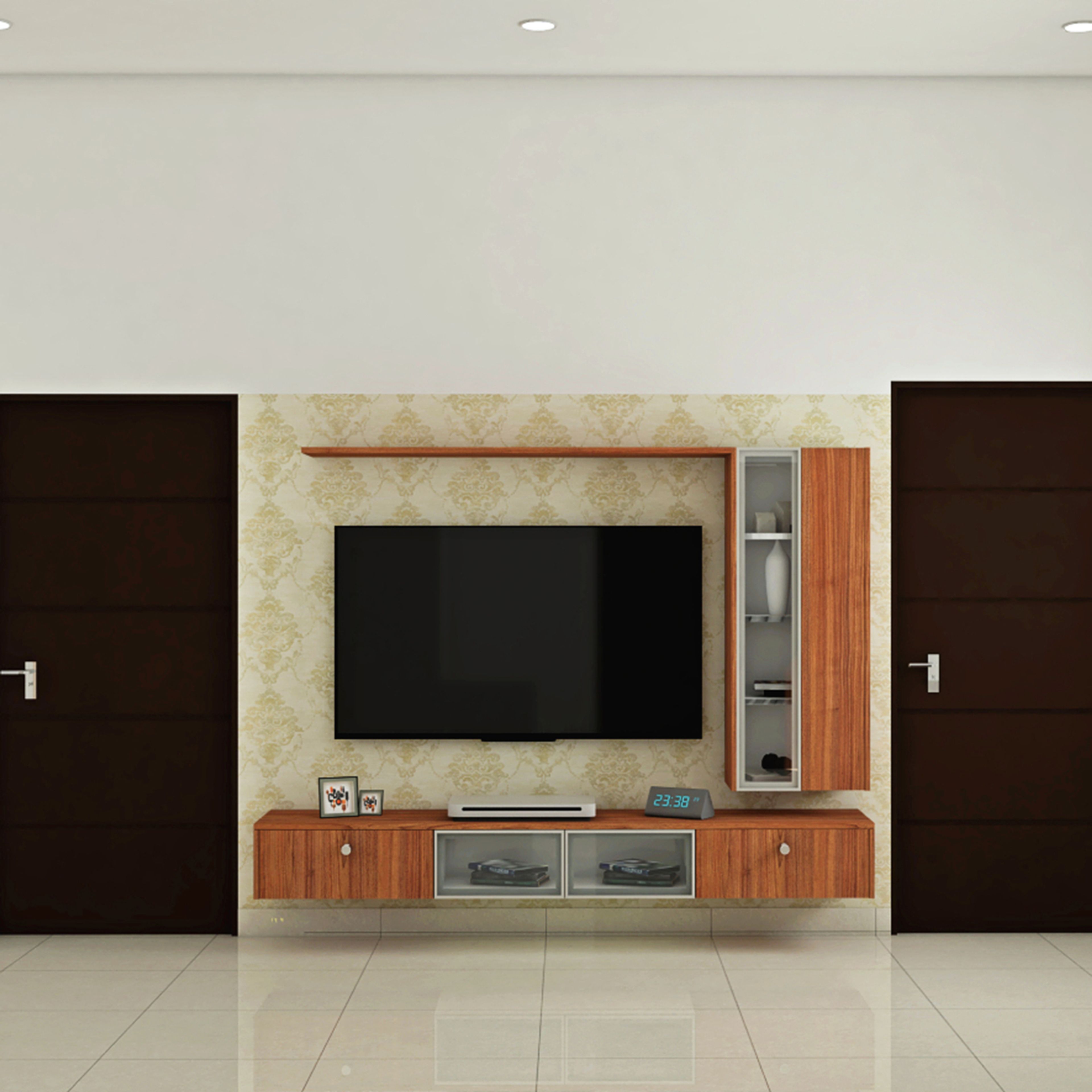 Classic TV Unit Design with Wooden Texture, Glass Cabinets and Drawers