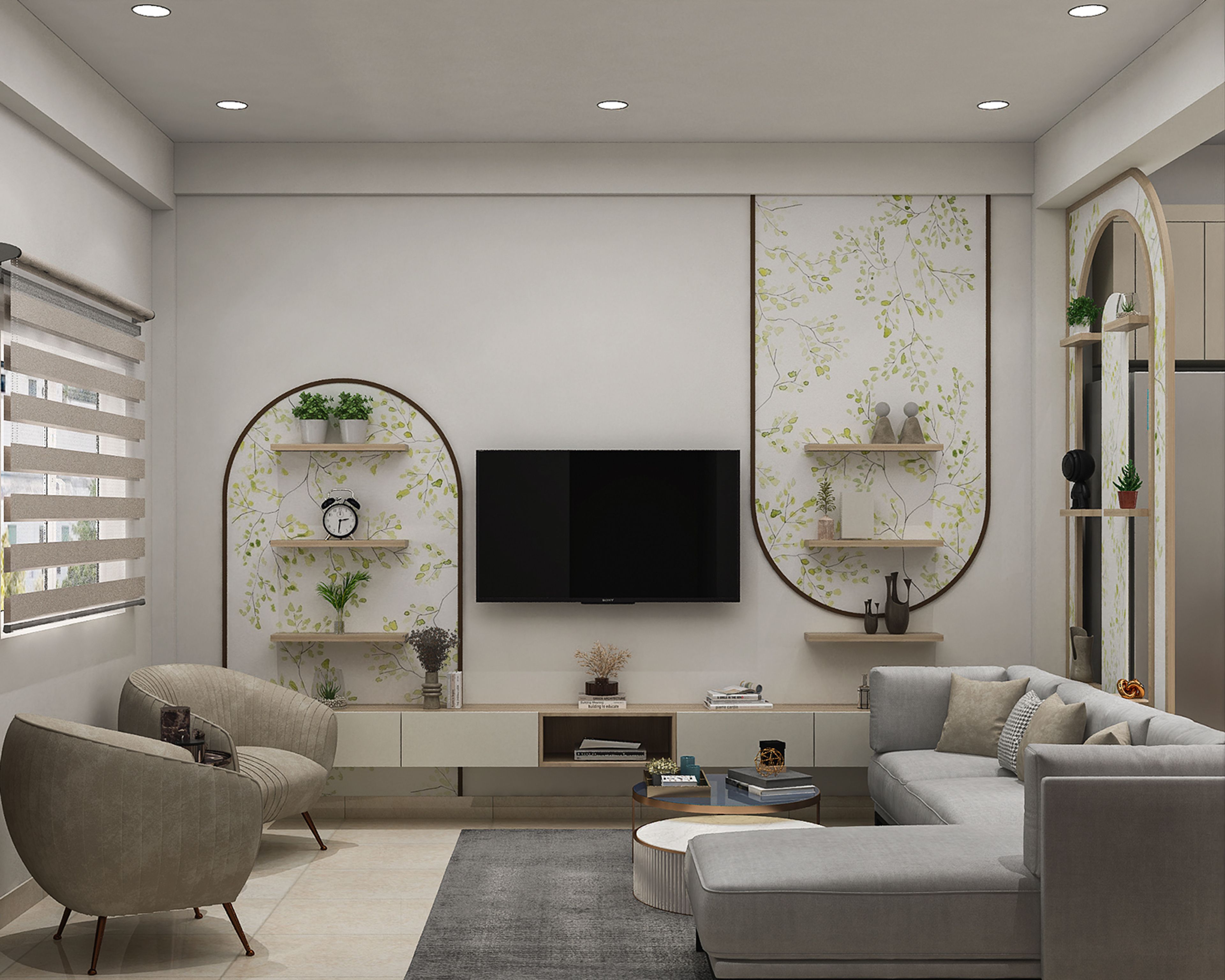 White and Walnut Contemporary TV Unit Design with Floating Table and Side Console