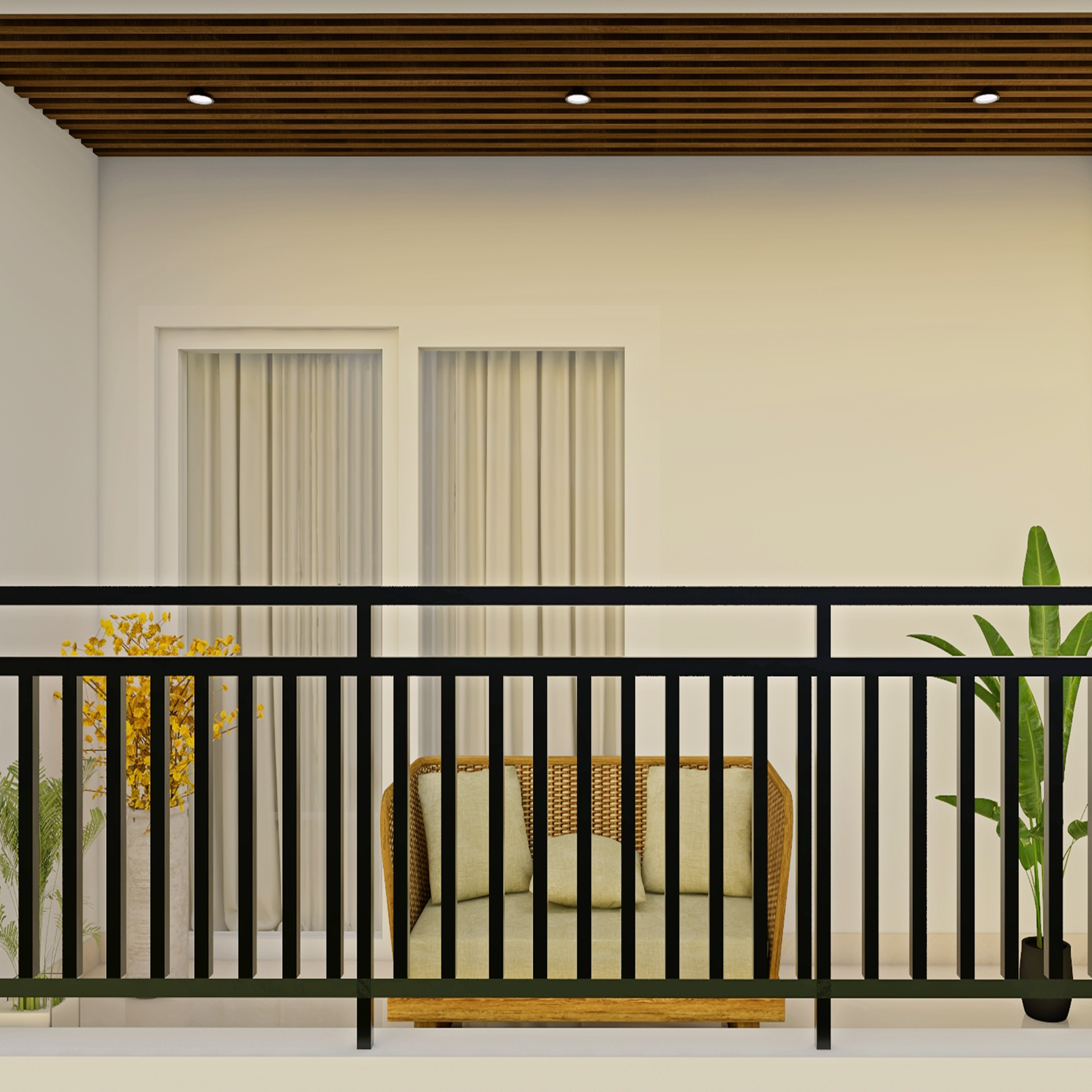 Rustic Balcony With Wooden Rafters And Spotlights