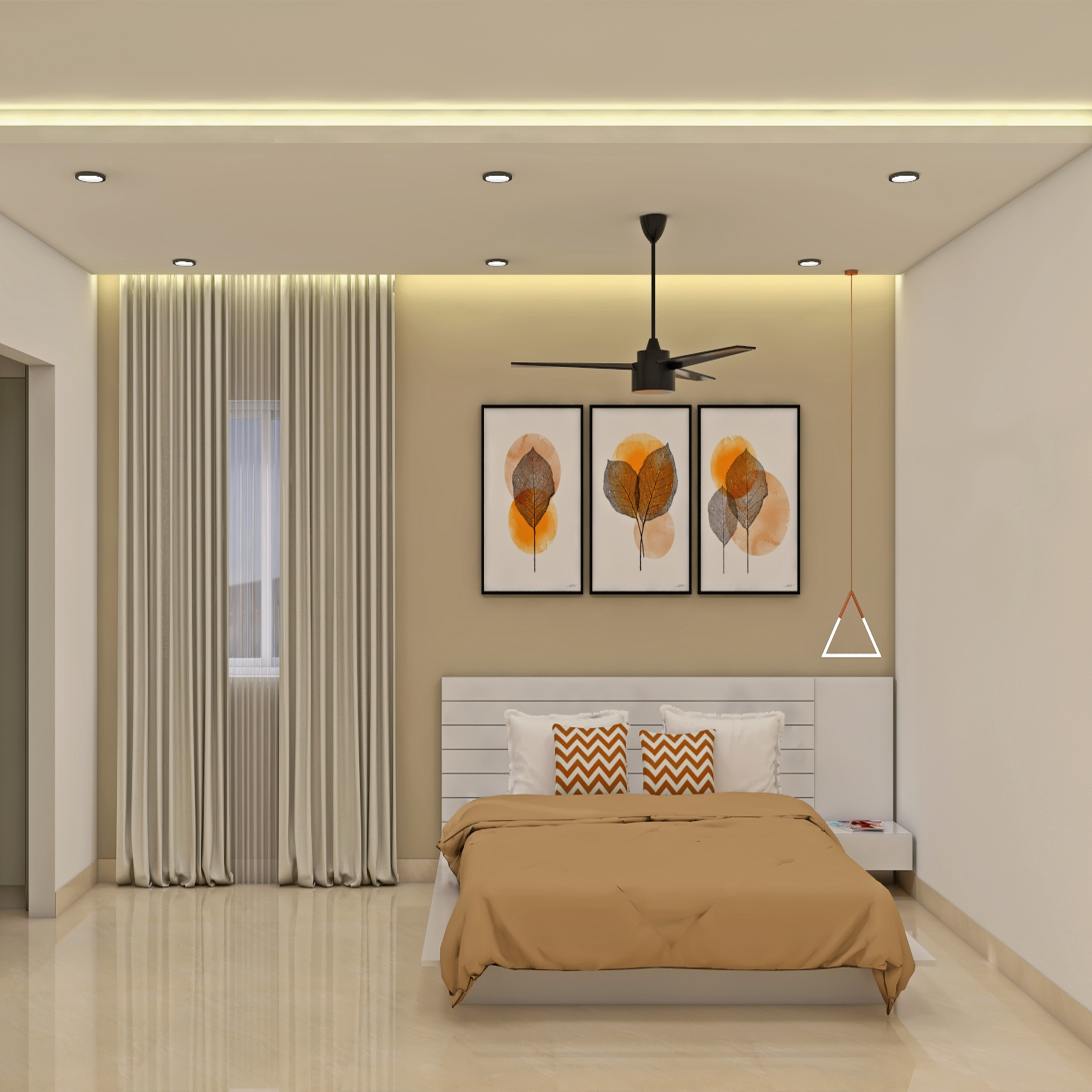 Simple Master Bedroom With White Theme And Orange Contrast