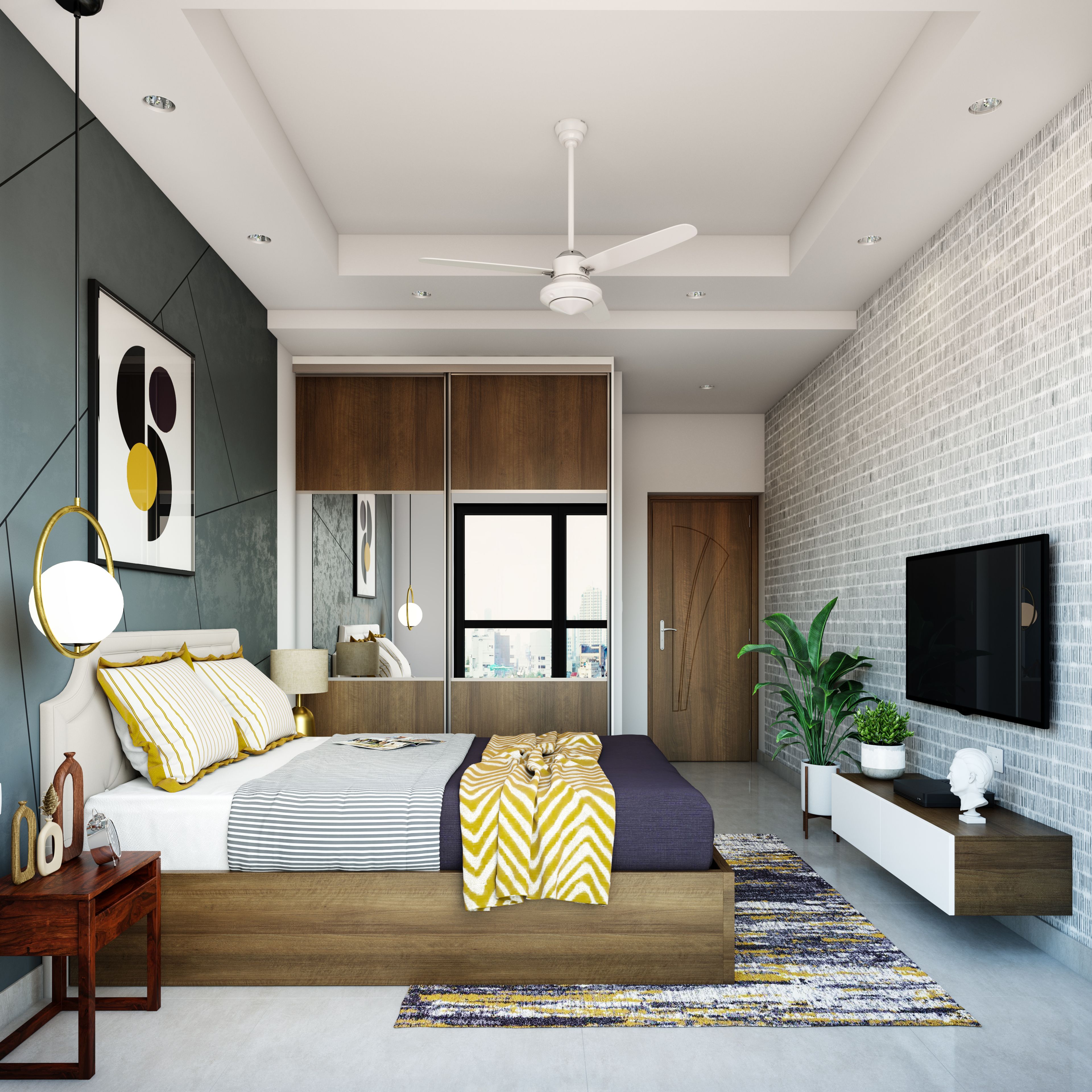 Master Bedroom With Dark Ashed Wall And Metal Drop Light