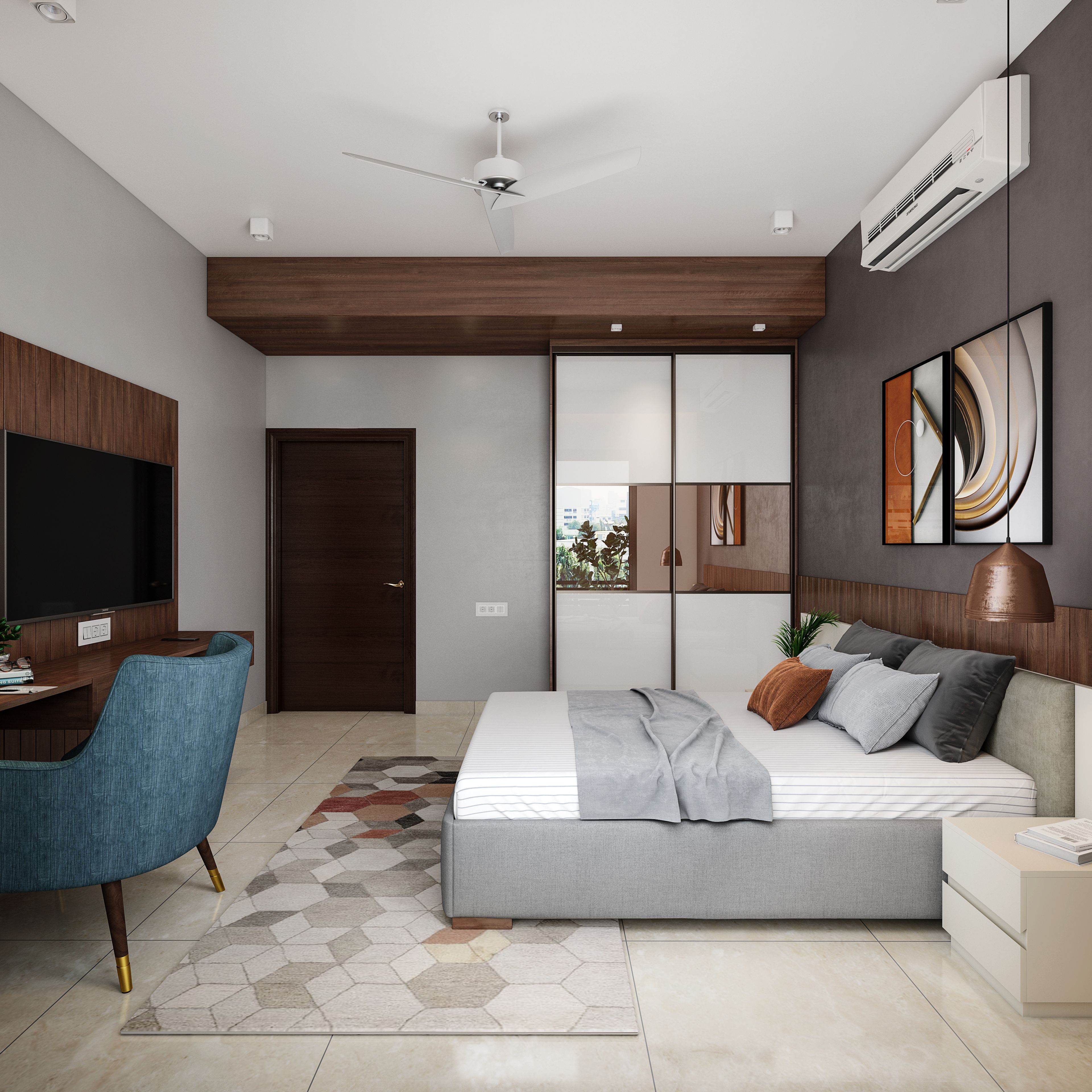 Small Master Bedroom With Dark Ash Coloured Wall