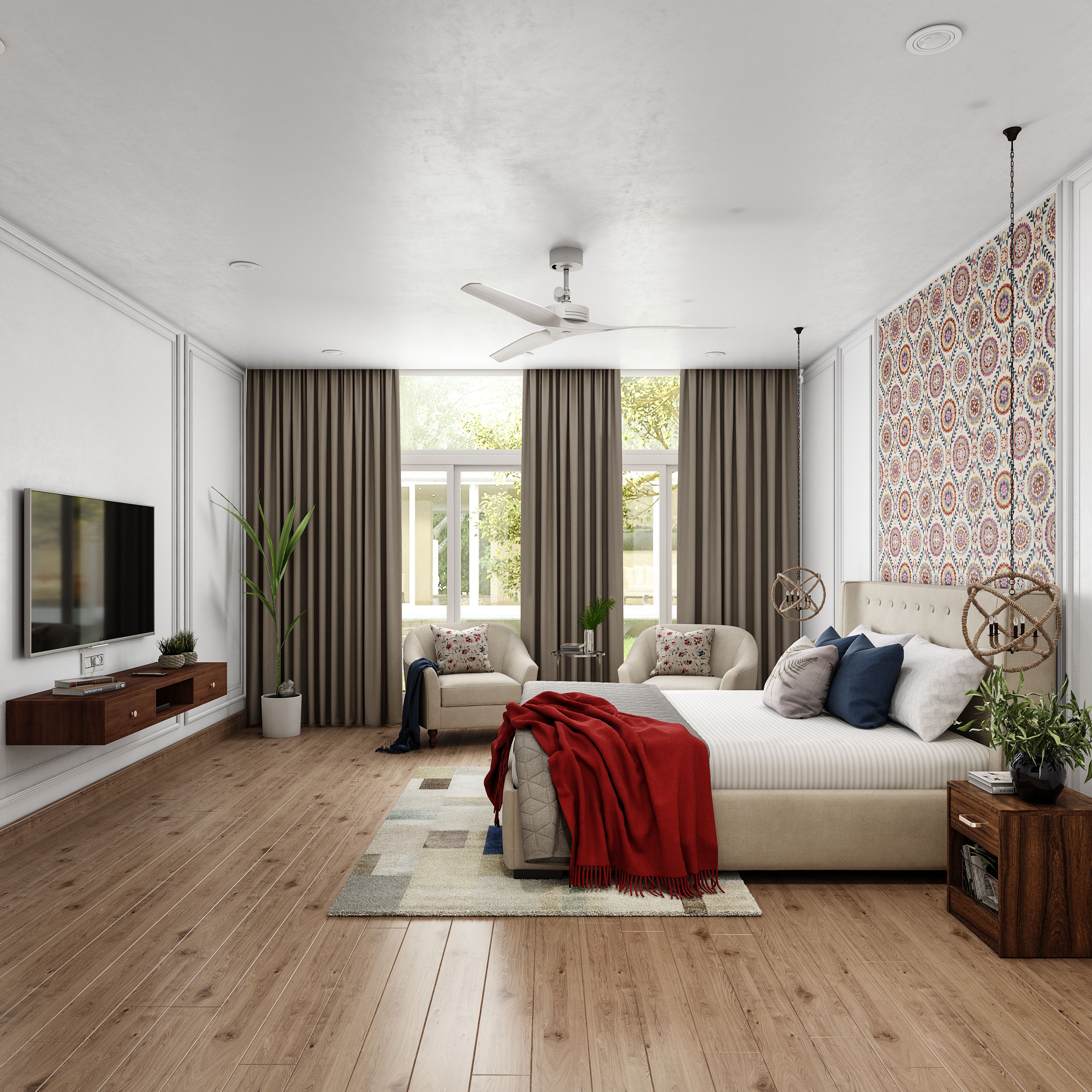 Spacious Master Bedroom With Wallpaper And Huge Windows