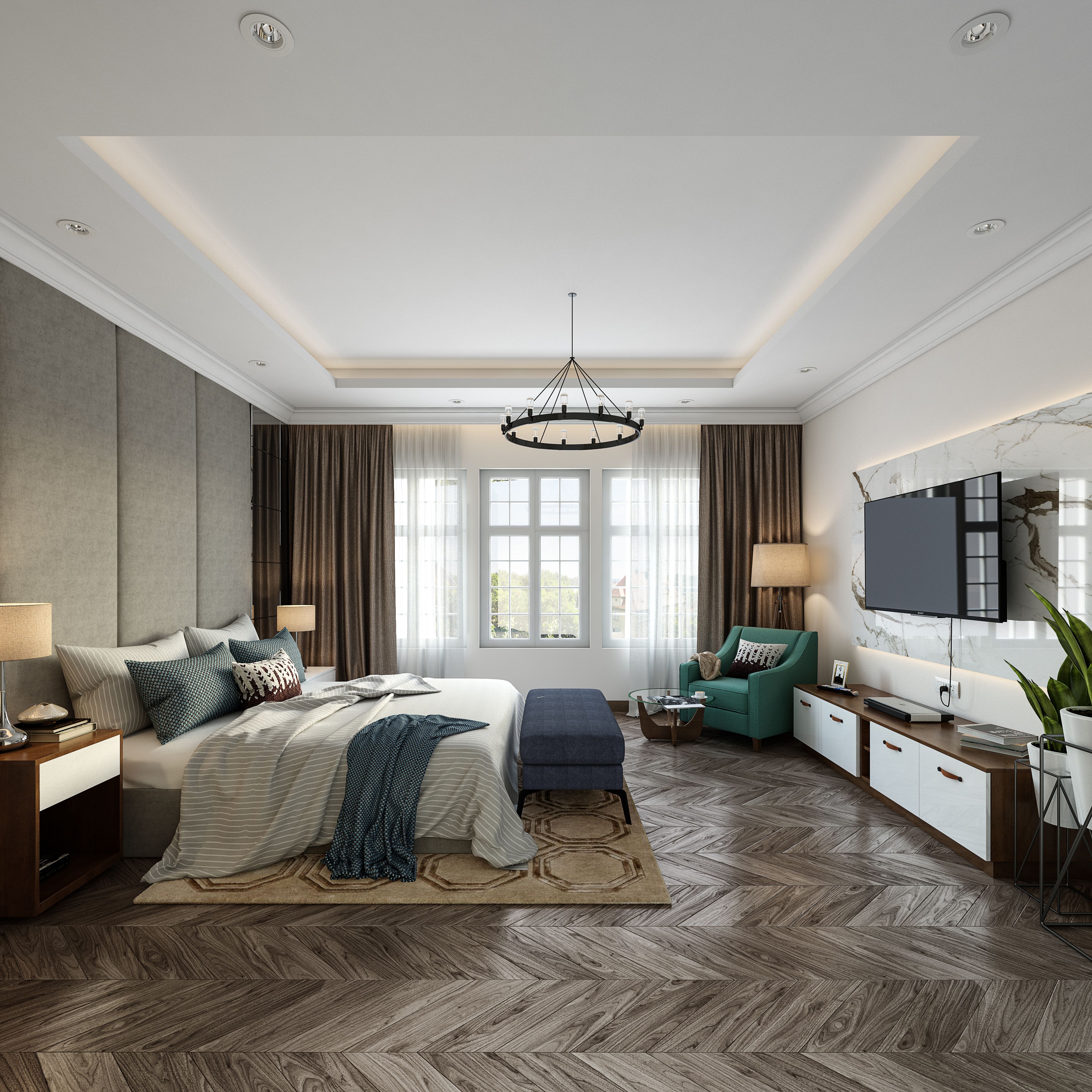 Luxury Master Bedroom With Chandelier And Wooden Flooring