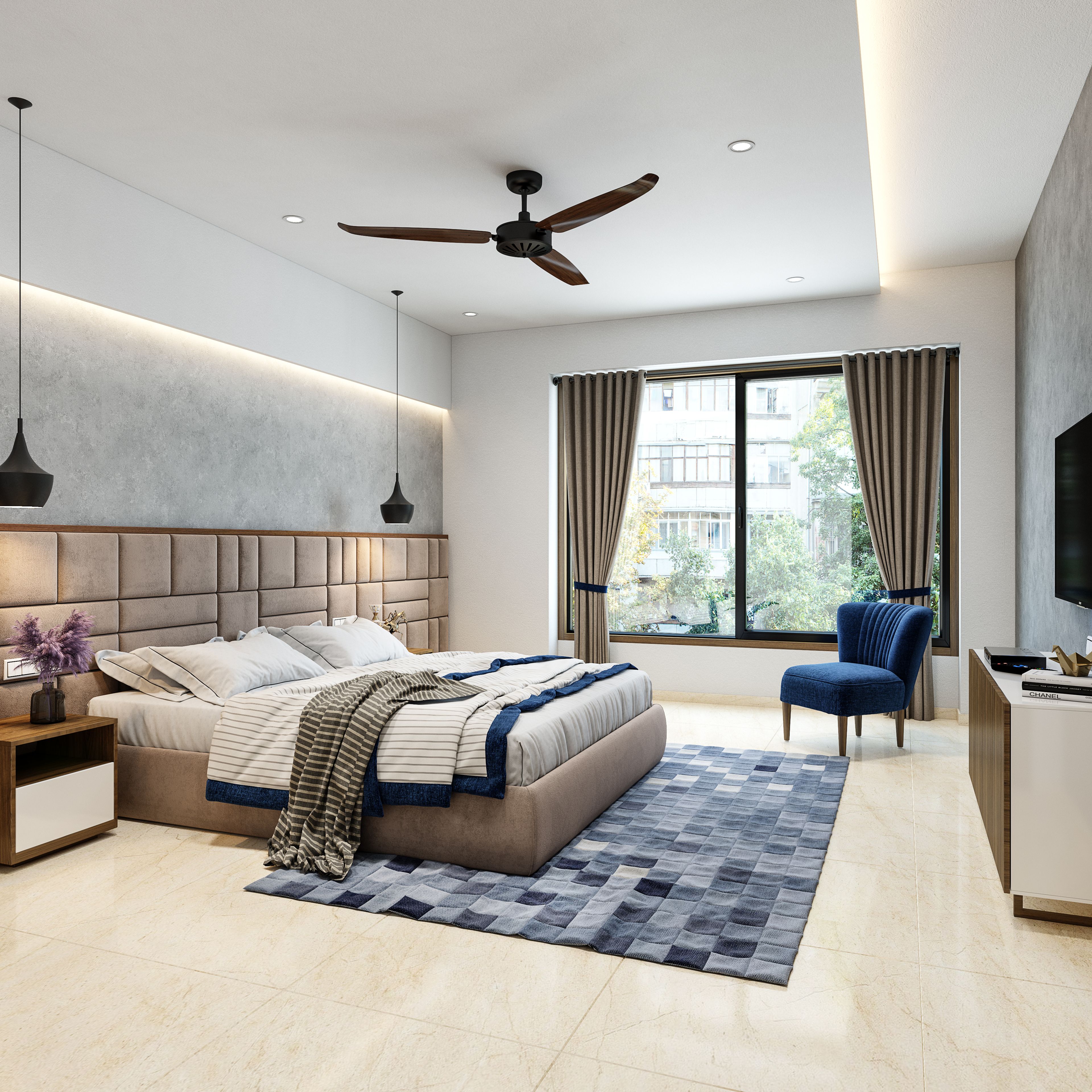 Master Bedroom With Brown And Blue Colour Schemes