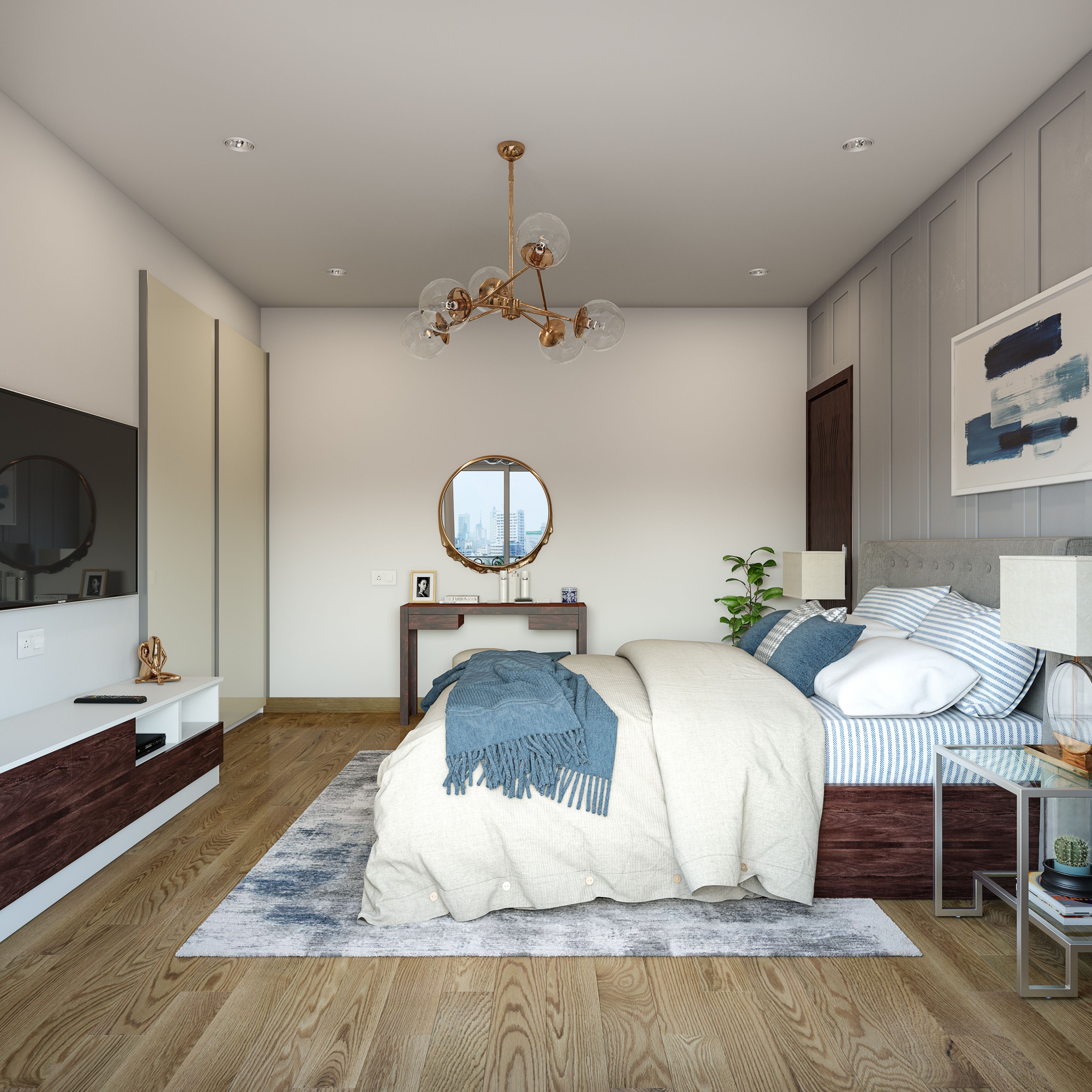 Small Master Bedroom With A Light Fixture And Ample Storage