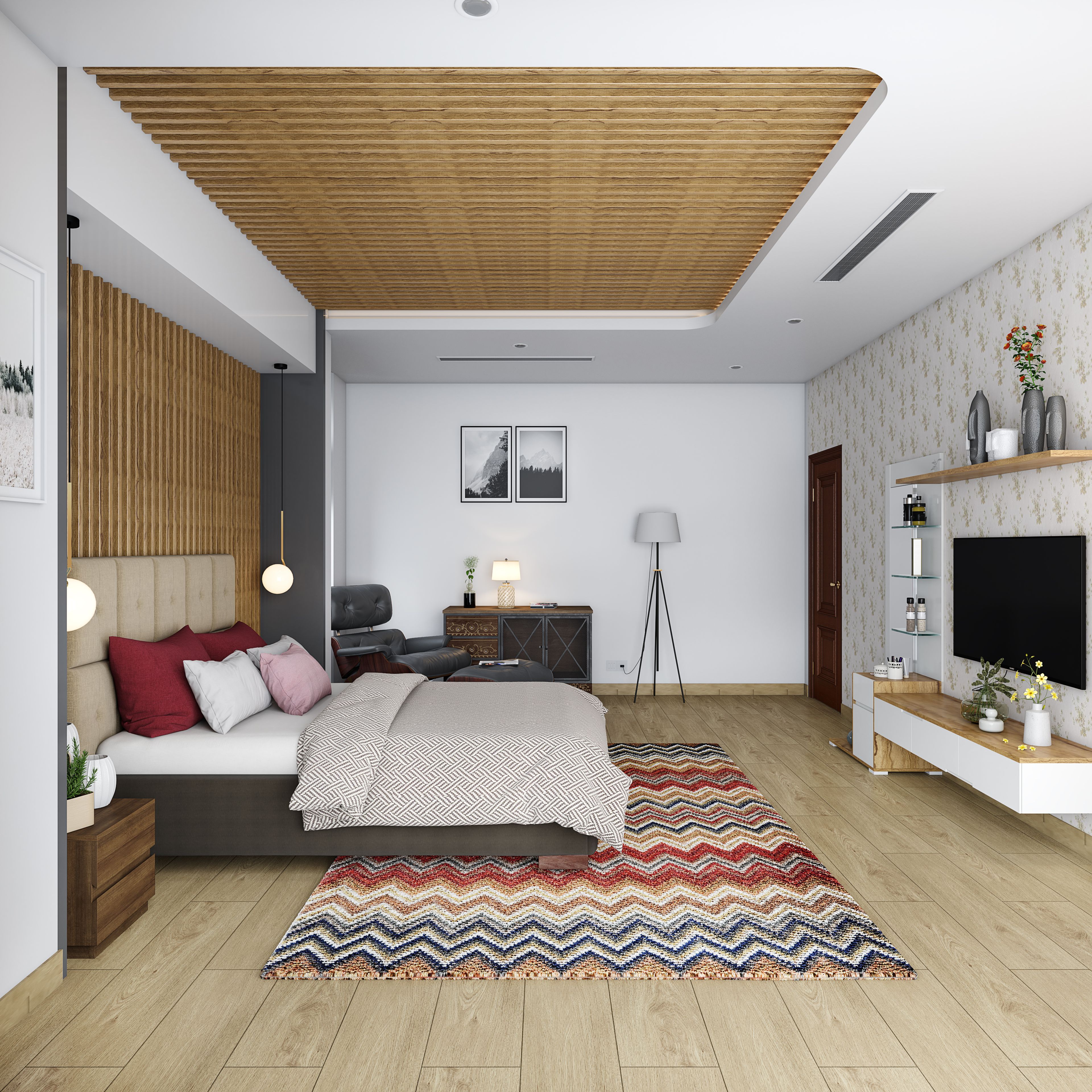 Modern Master Bedroom With Wooden Ceiling And Wooden Flooring