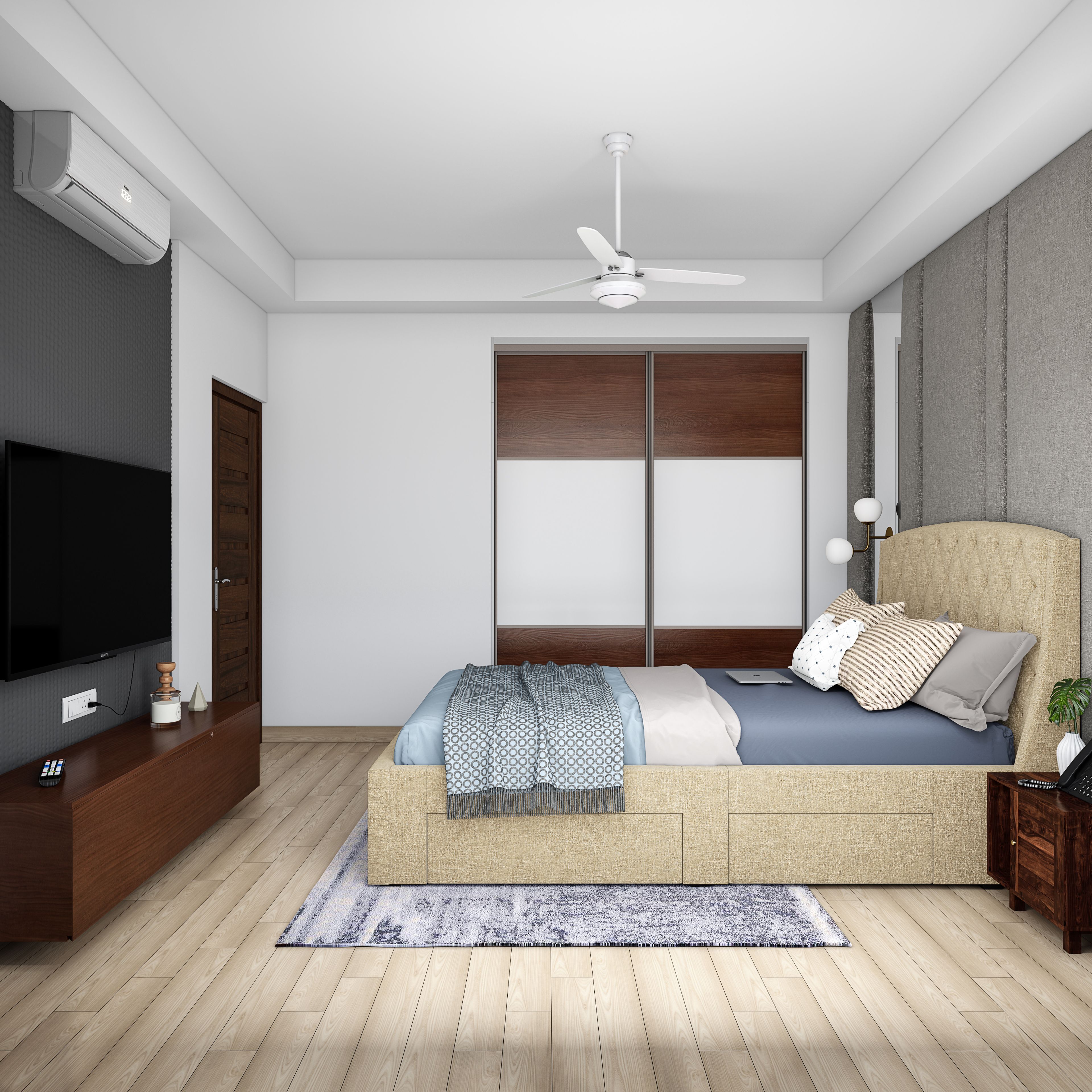 Modern Master Bedroom With Dual Tone Wall And Glass On Wardrobe