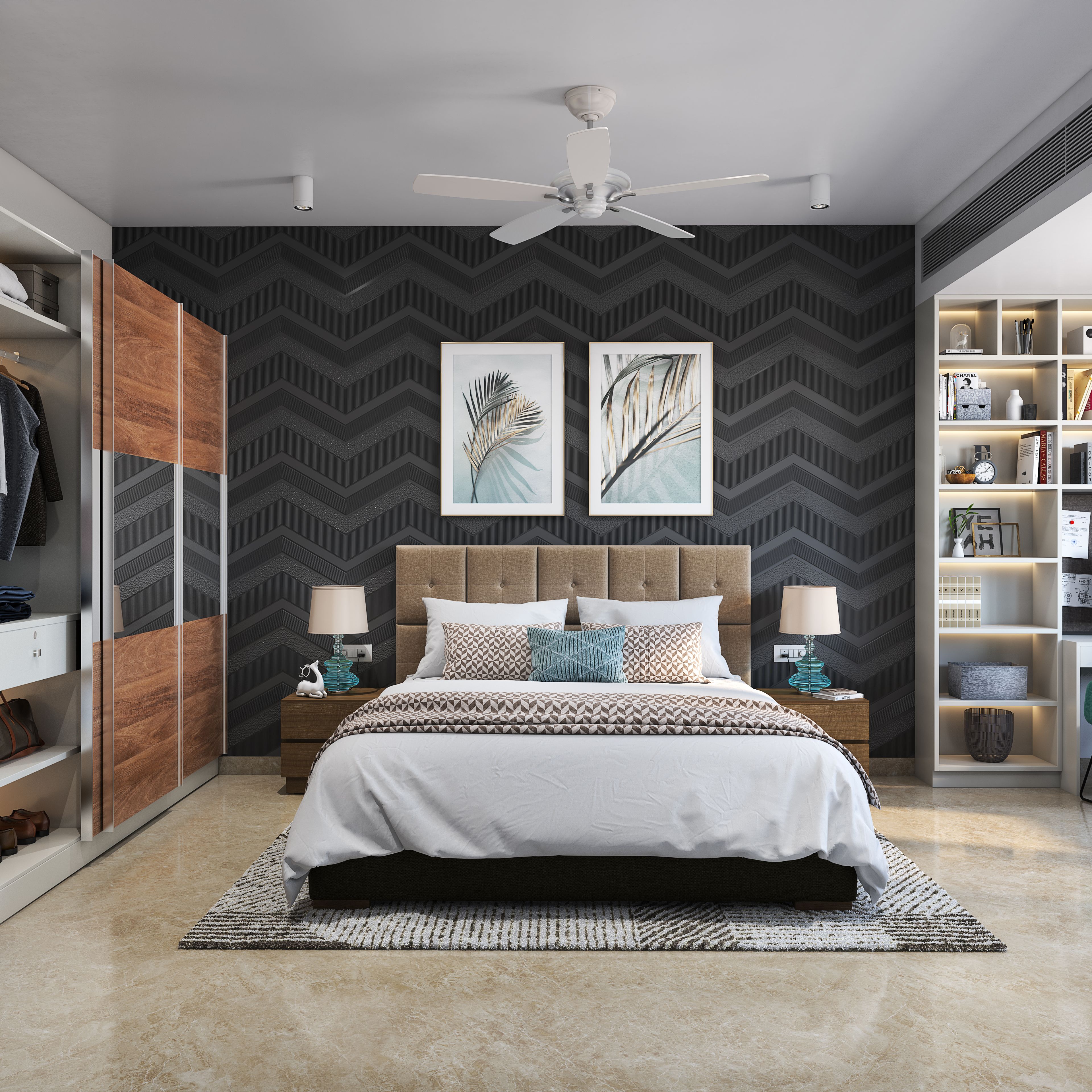 Modern Master Bedroom With Zigzag Patterned Wallpaper