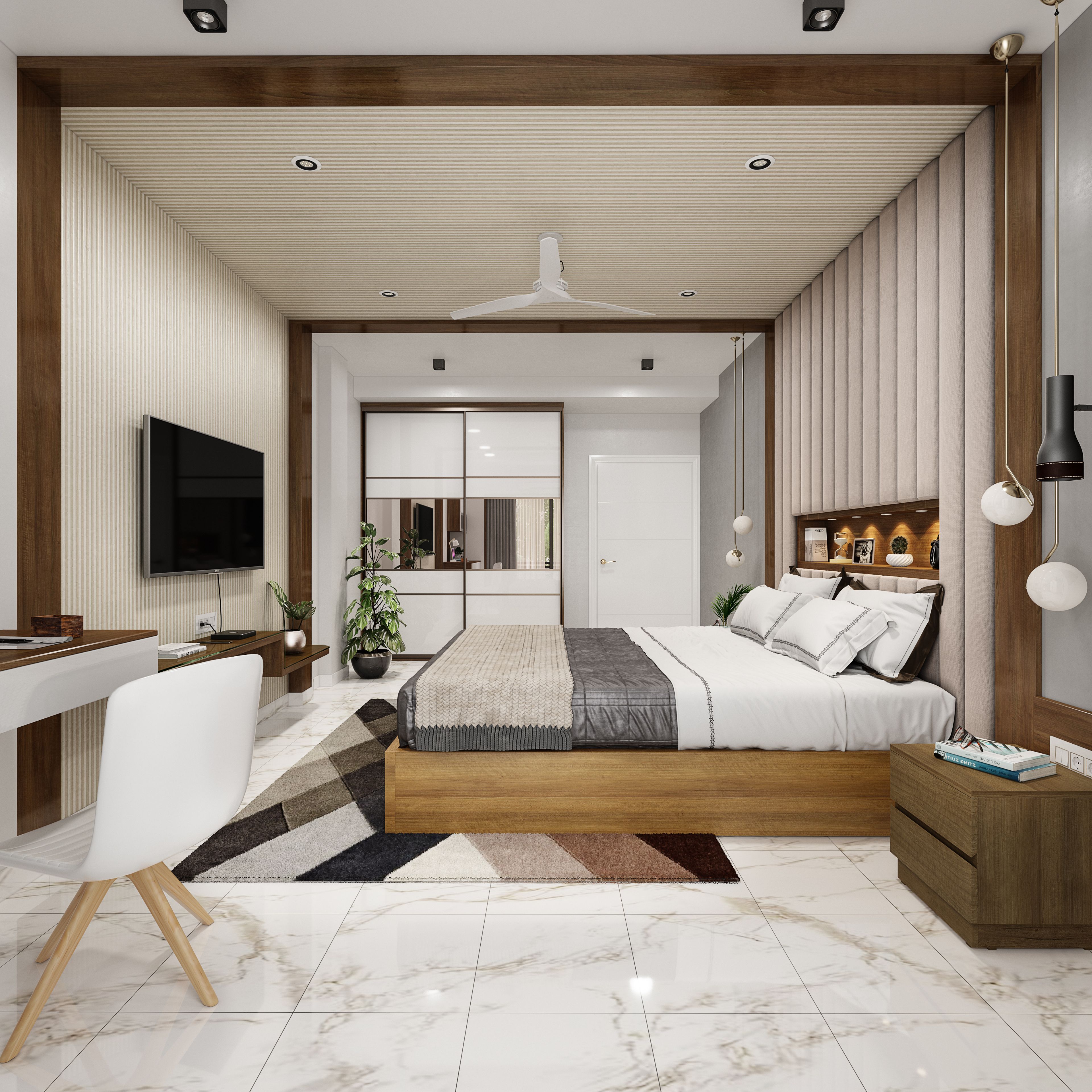 Modern Master Bedroom With Wooden Panels And Study Unit